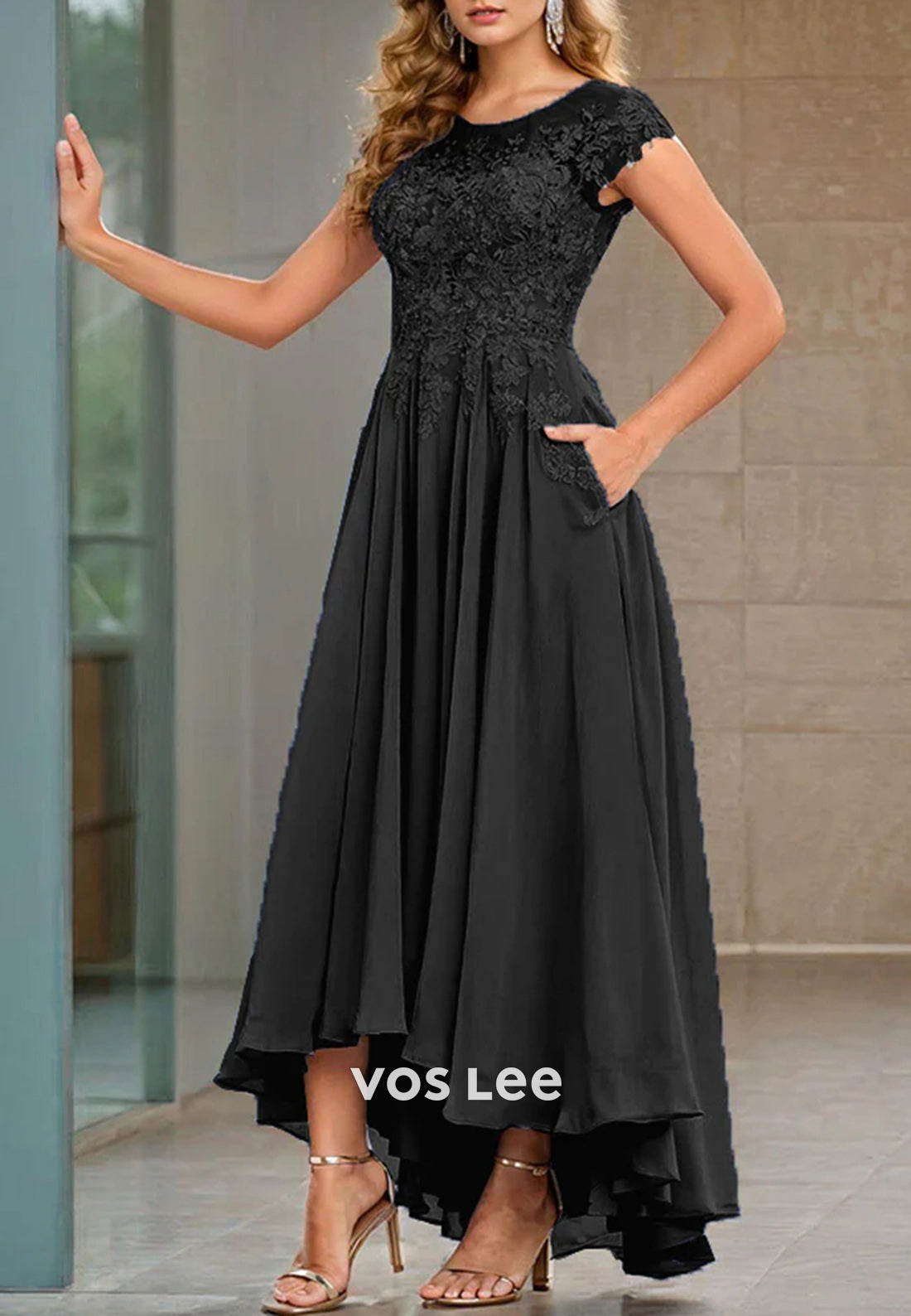 A-Line Scoop Appliqued Ankle-Length Pleated Mother of Bride Dresses with Pockets