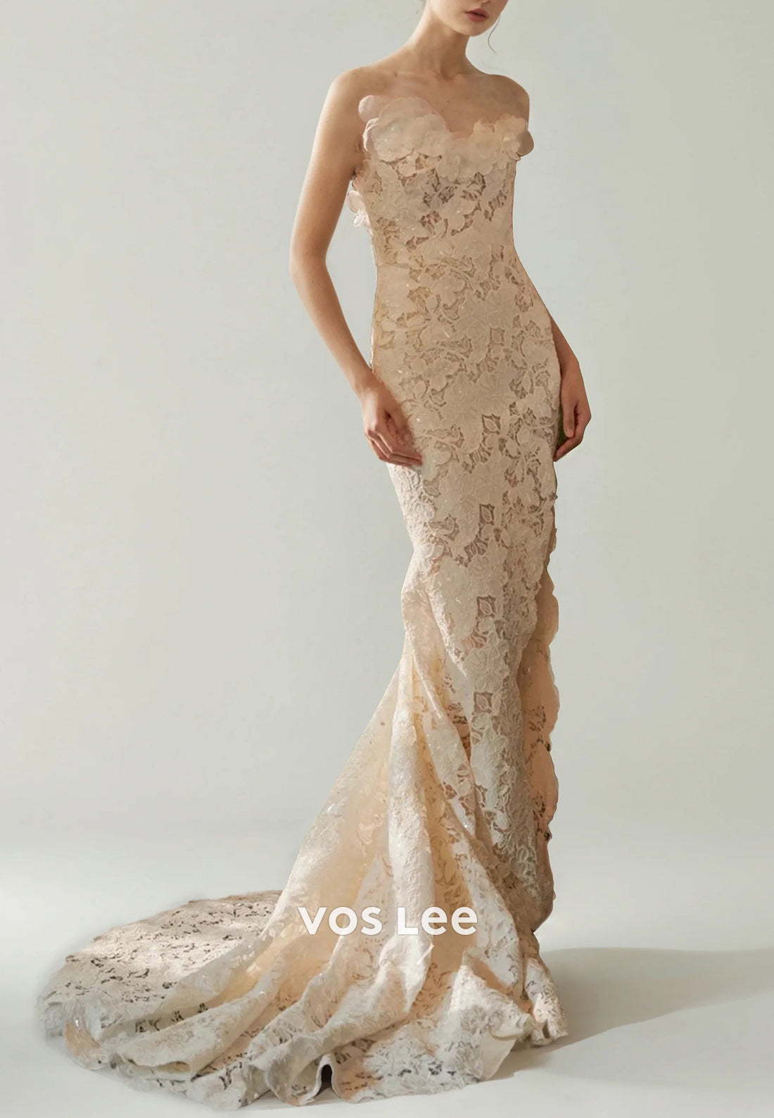 Strapless Asymmetrical Neck Appliques Lace Mermaid Wedding Dresses with Sweep Train