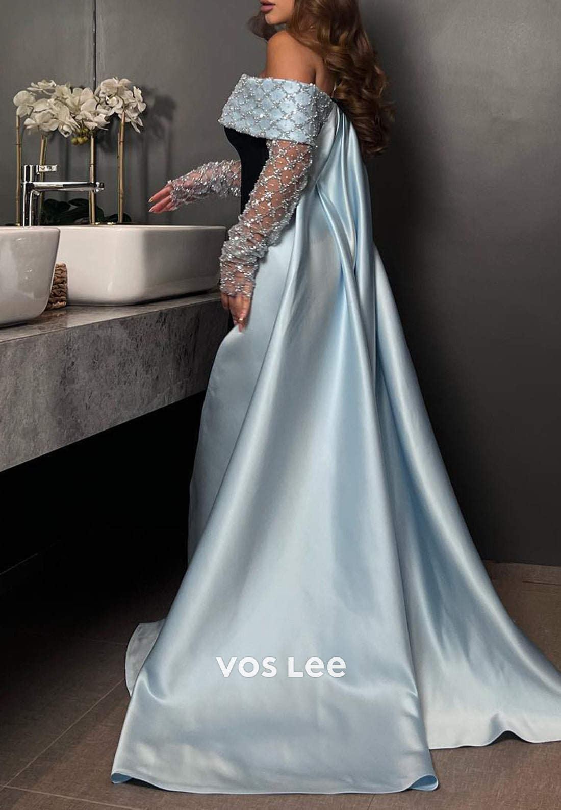 Long Sleeve Off the Shoulder Sequined Beaded Embellished Mermaid Evening Dresses