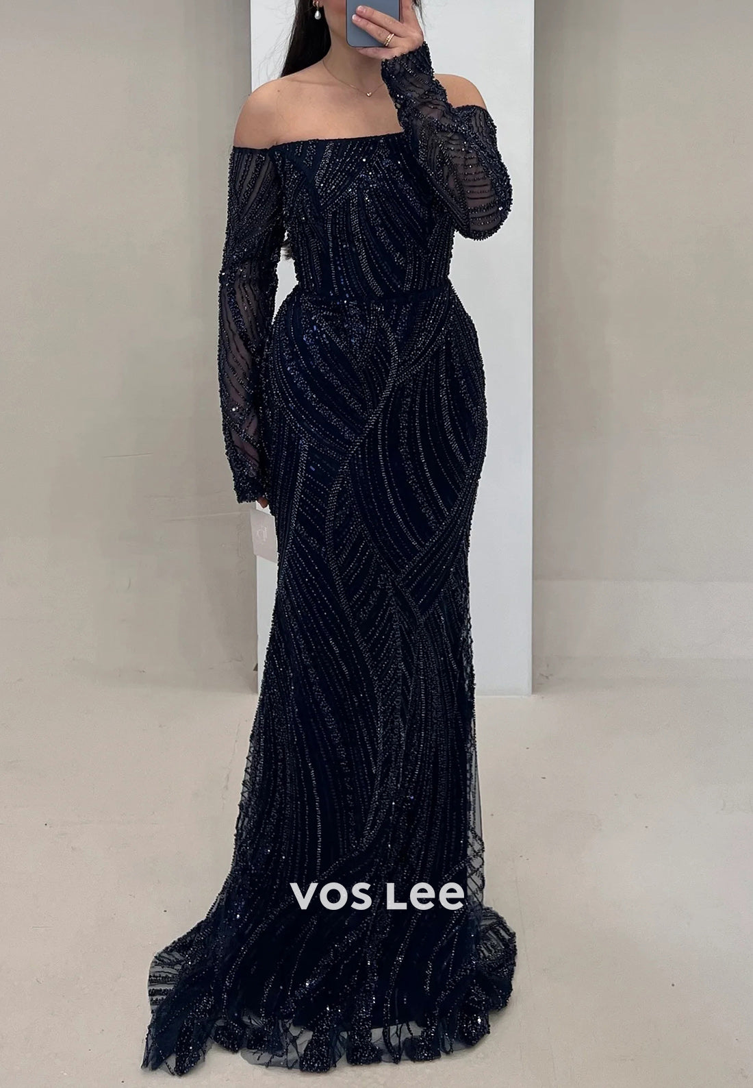 Long Sleeve Off the Shoulder Fully Beaded Mermaid Evening Dresses with Court Train