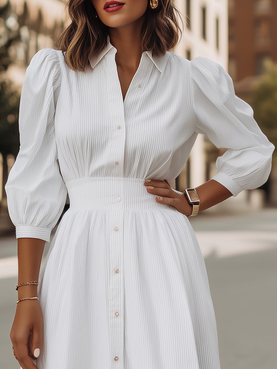 Pinstripe Texture Shirt Dress With Puff Sleeves