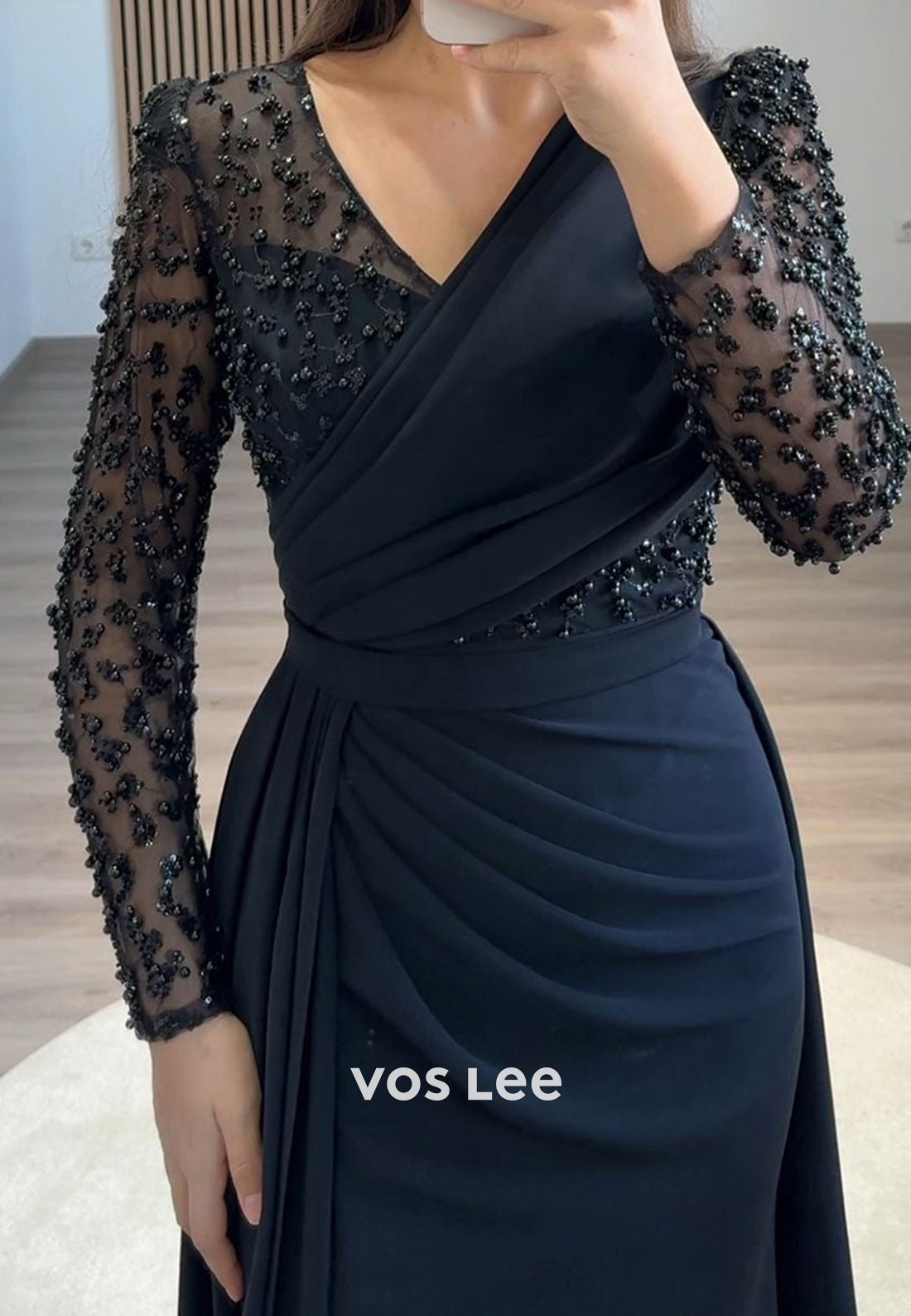Formal Beaded V Neck Long Sleeves with Train Evening Dress Party Gown
