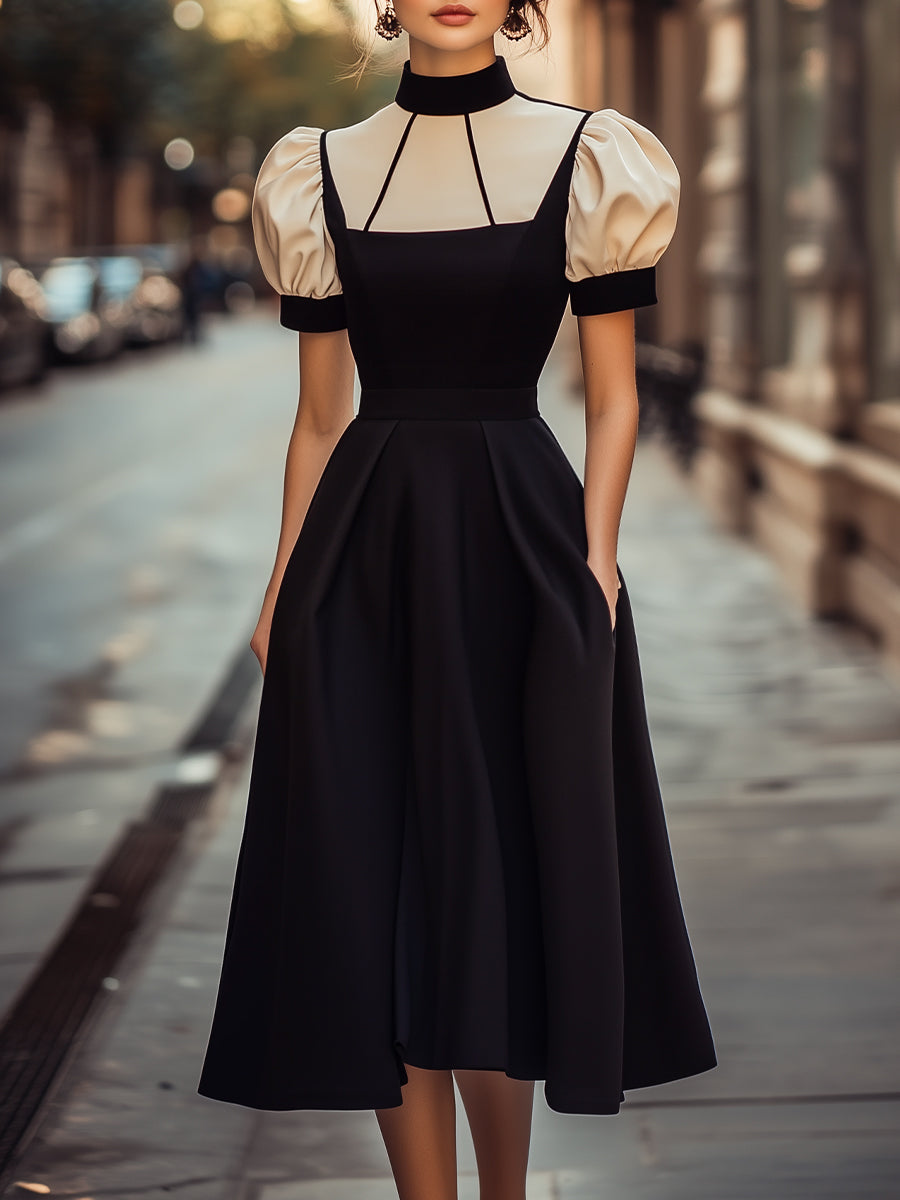 Vintage Puff Sleeve Midi Dress With High Neck