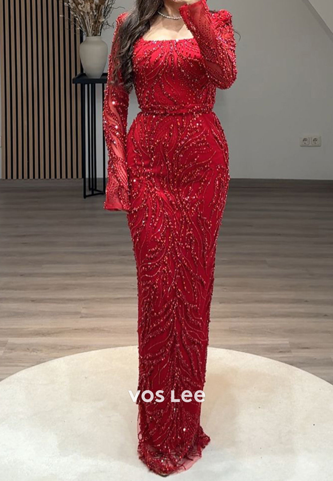 Full Beaded Square Evening Dress Long Sleeves Sheath Formal Party Gown