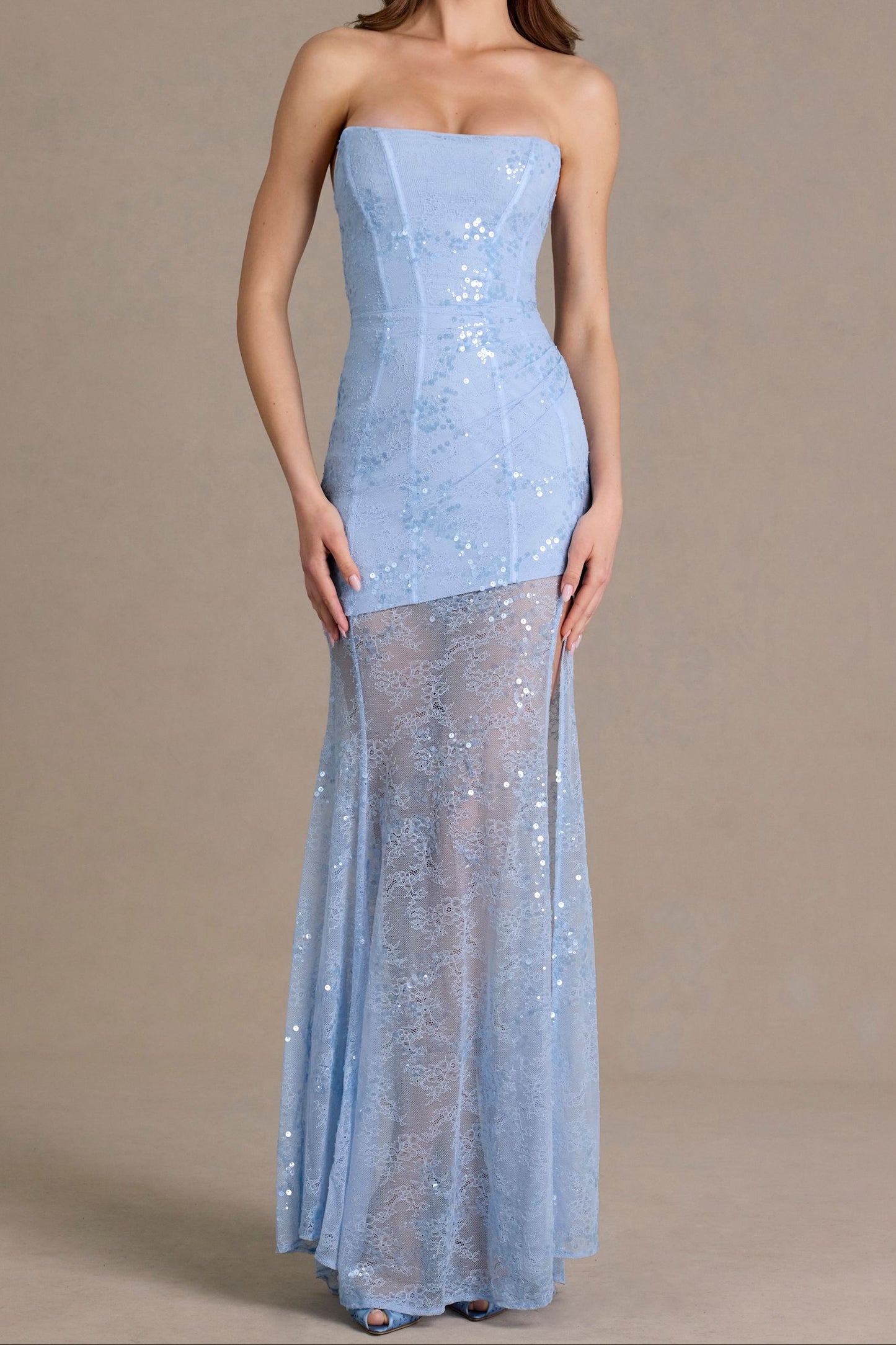 Baby Blue Strapless Mesh Sequin Mermaid Gown with High Slit