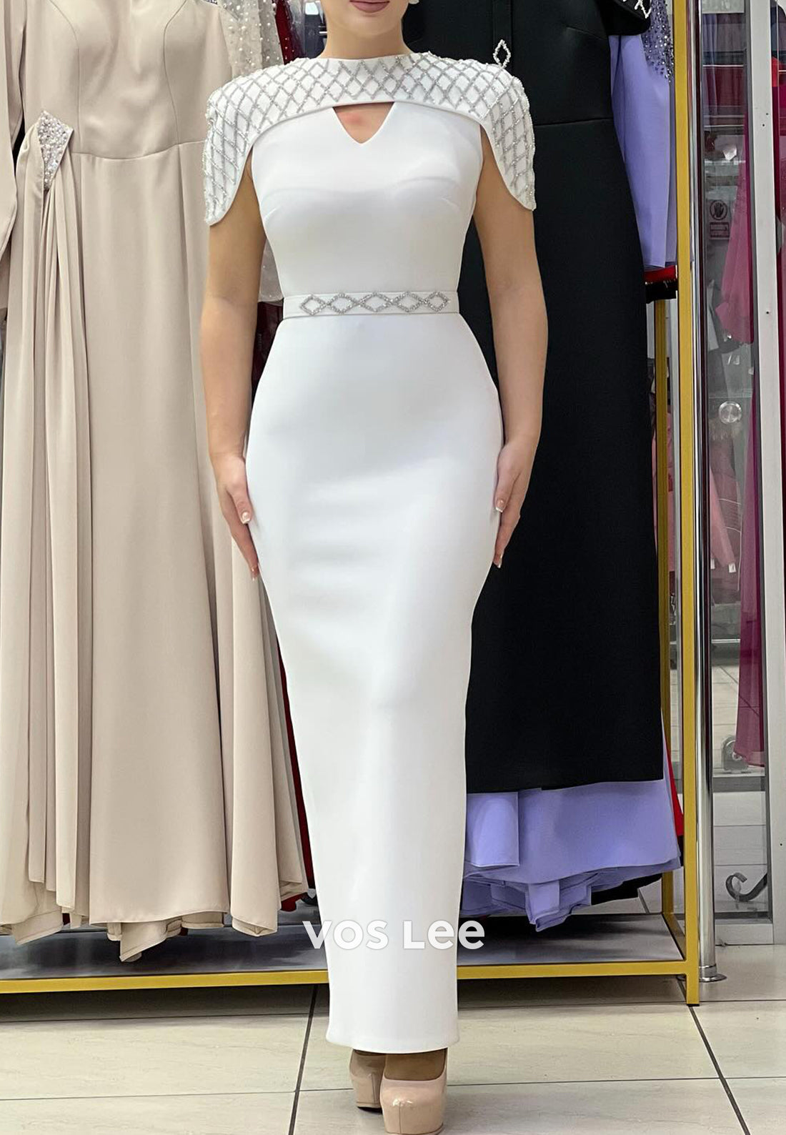 Short Sleeve Scoop Rhinestone Embellished Ankle-Length Mermaid Evening Dresses