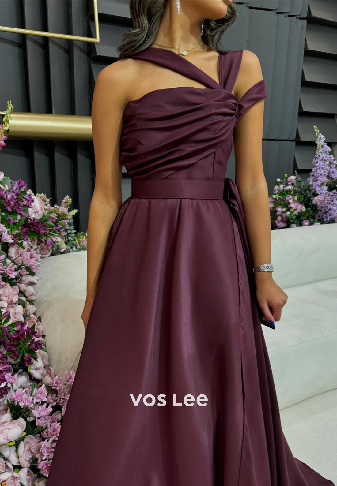 Couture & Ornate A-Line Asymmetrical Neck Pleated Evening Dresses with Chapel Train