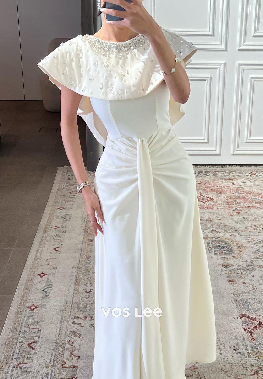 Scoop Rhinestone Beaded Embellished Satin Sheath Pleated Evening Dresses