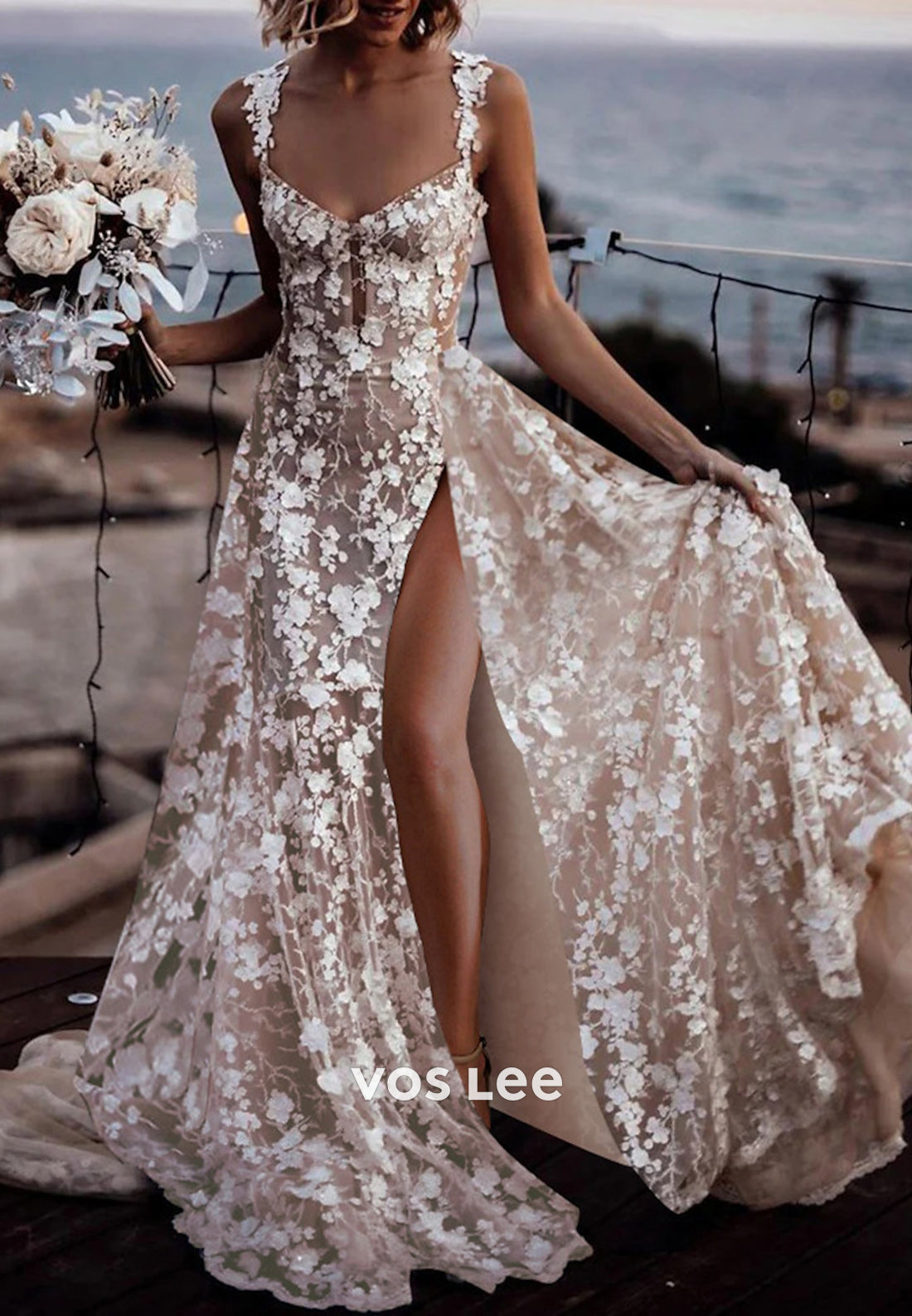 A-Line Spaghetti Straps Sweetheart Appliques Lace Wedding Dresses with Sweep Train