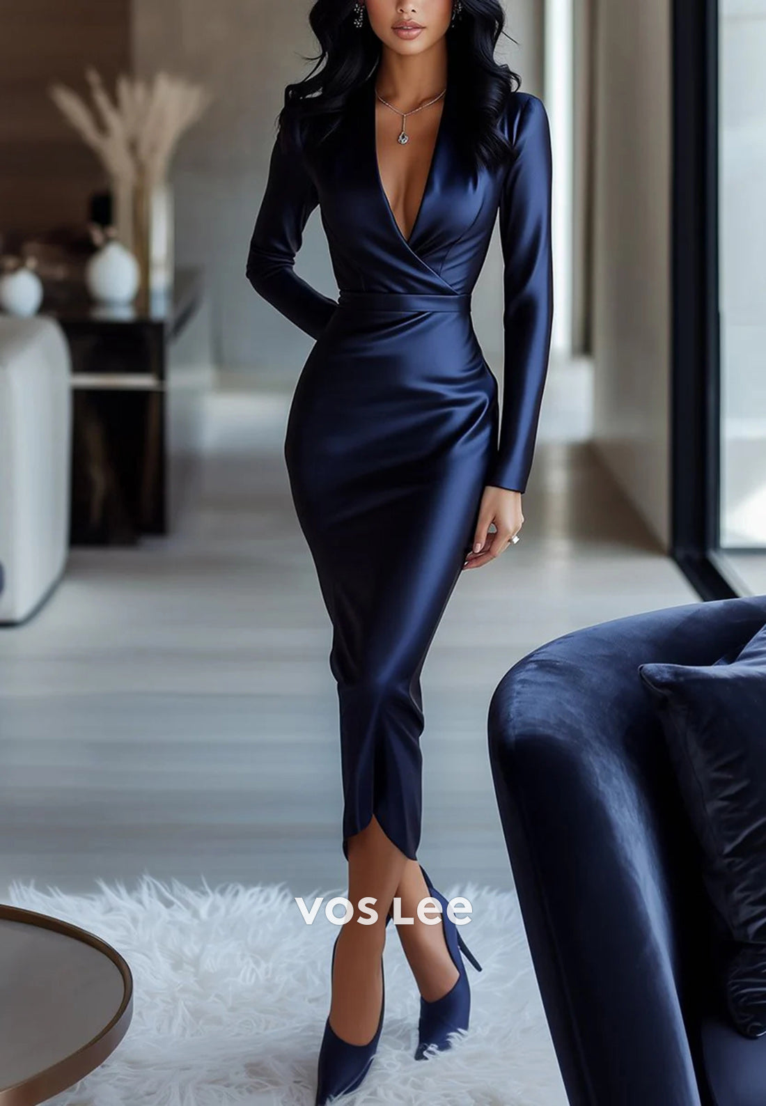 Long Sleeve Plunging V Neck Tea-Length Pleated Mermaid Wedding Guest Dresses