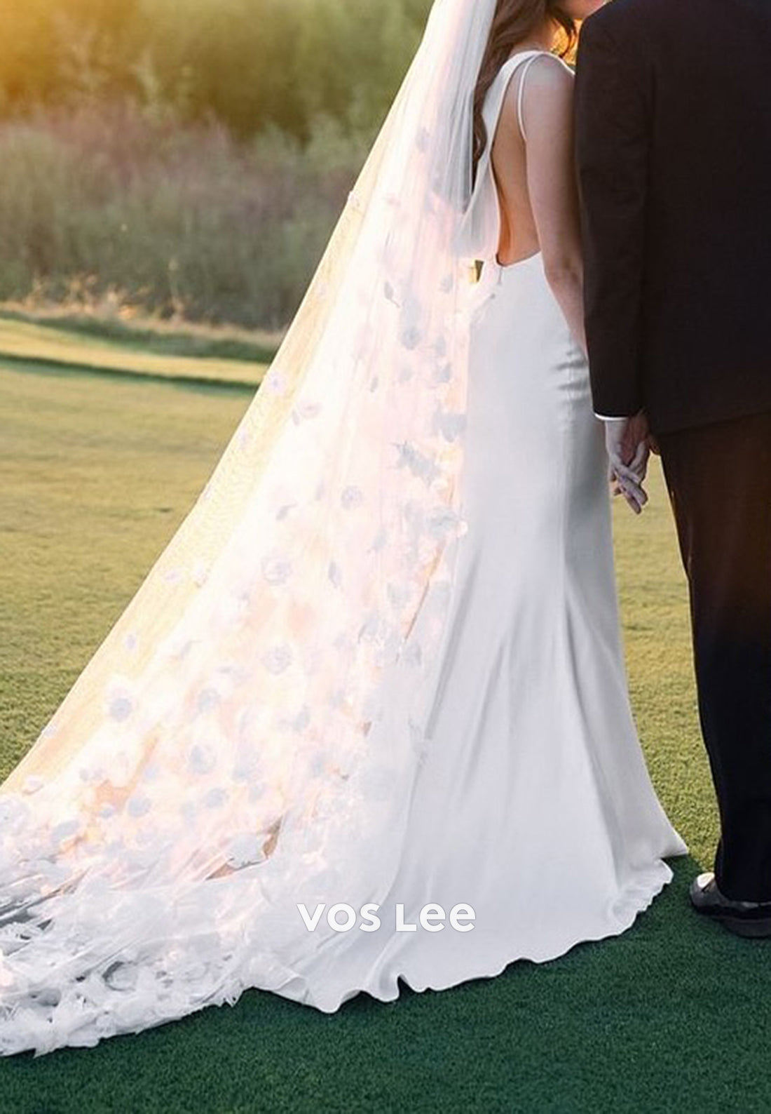 Classic V Neck Backless Satin Pleated Wedding Dresses with Sweep Train
