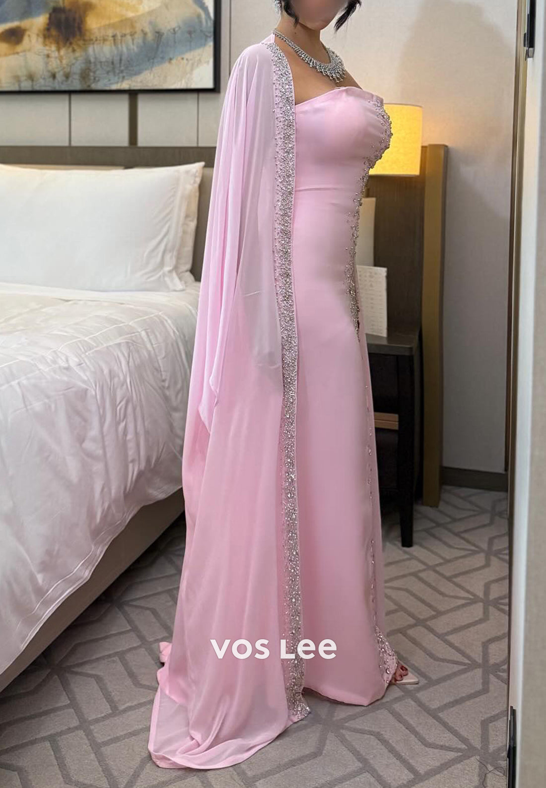Sparkle & Shine Pink Beaded Rhinestone Floor-Length Mermaid Evening Dresses