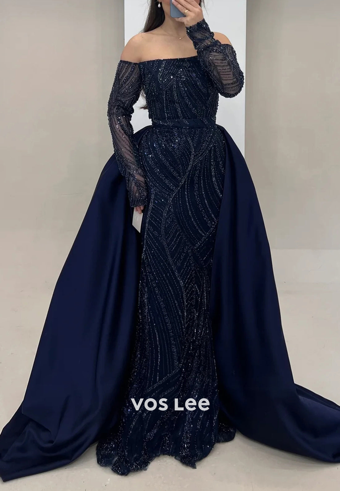 Long Sleeve Off the Shoulder Fully Beaded Mermaid Evening Dresses with Court Train