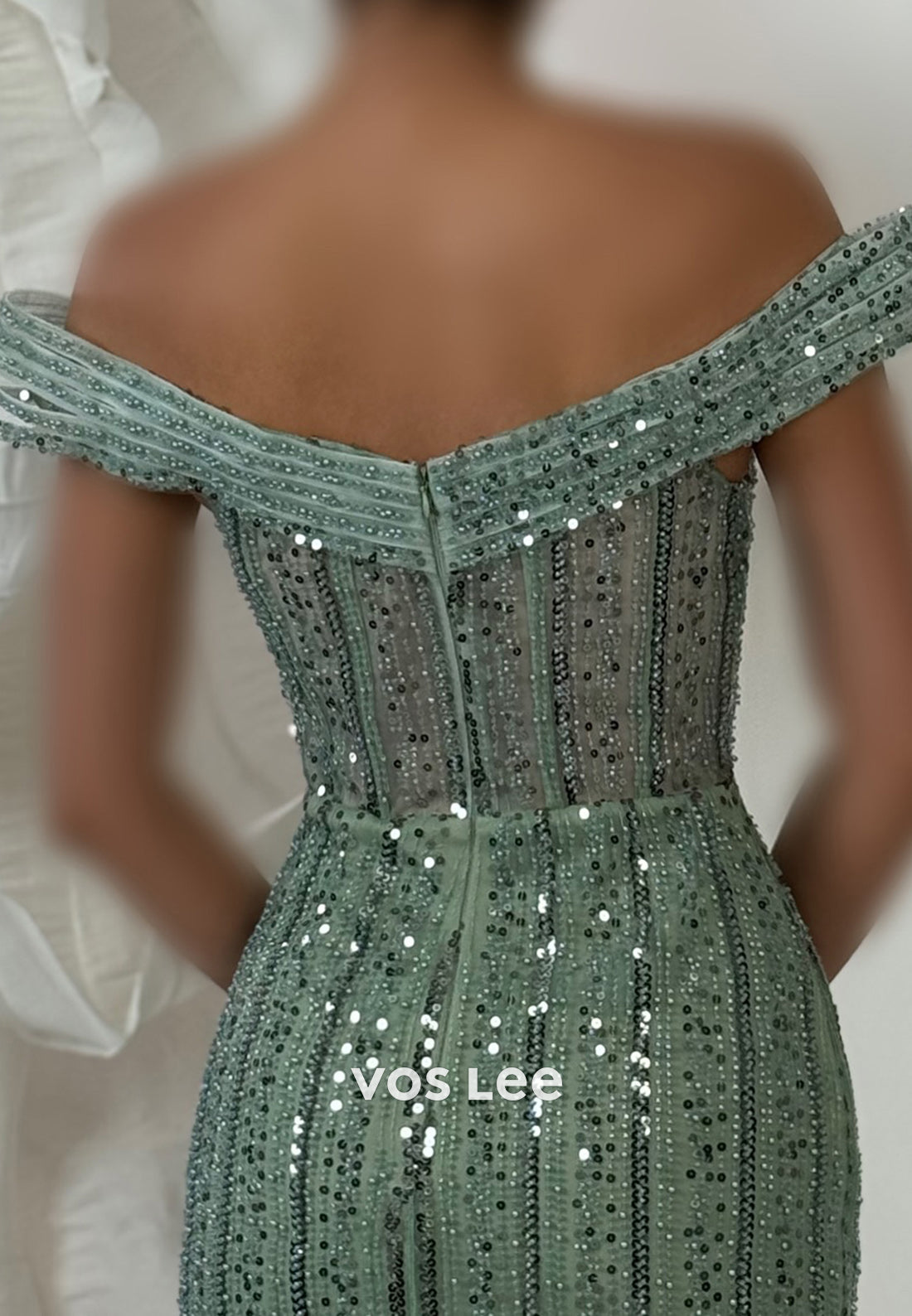 Off the Shoulder Fully Beading Sequins Pleated Sheath Evening Dresses with Side Split