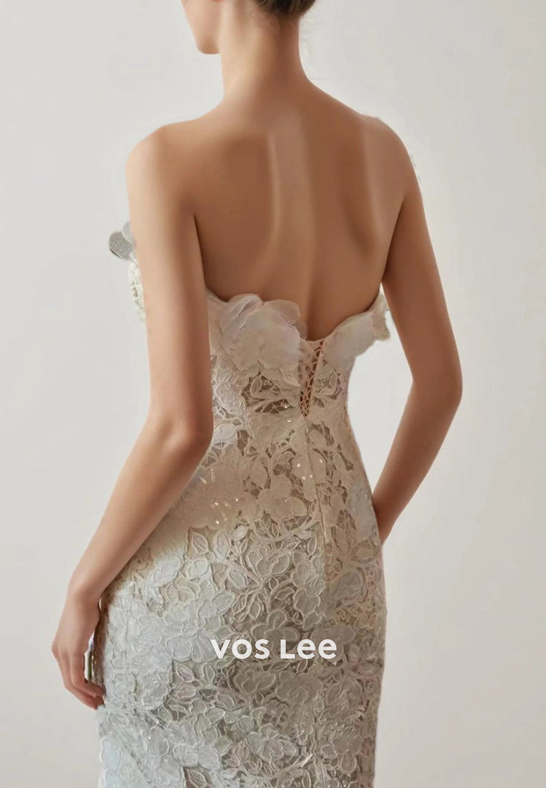 Strapless Asymmetrical Neck Appliques Lace Mermaid Wedding Dresses with Sweep Train