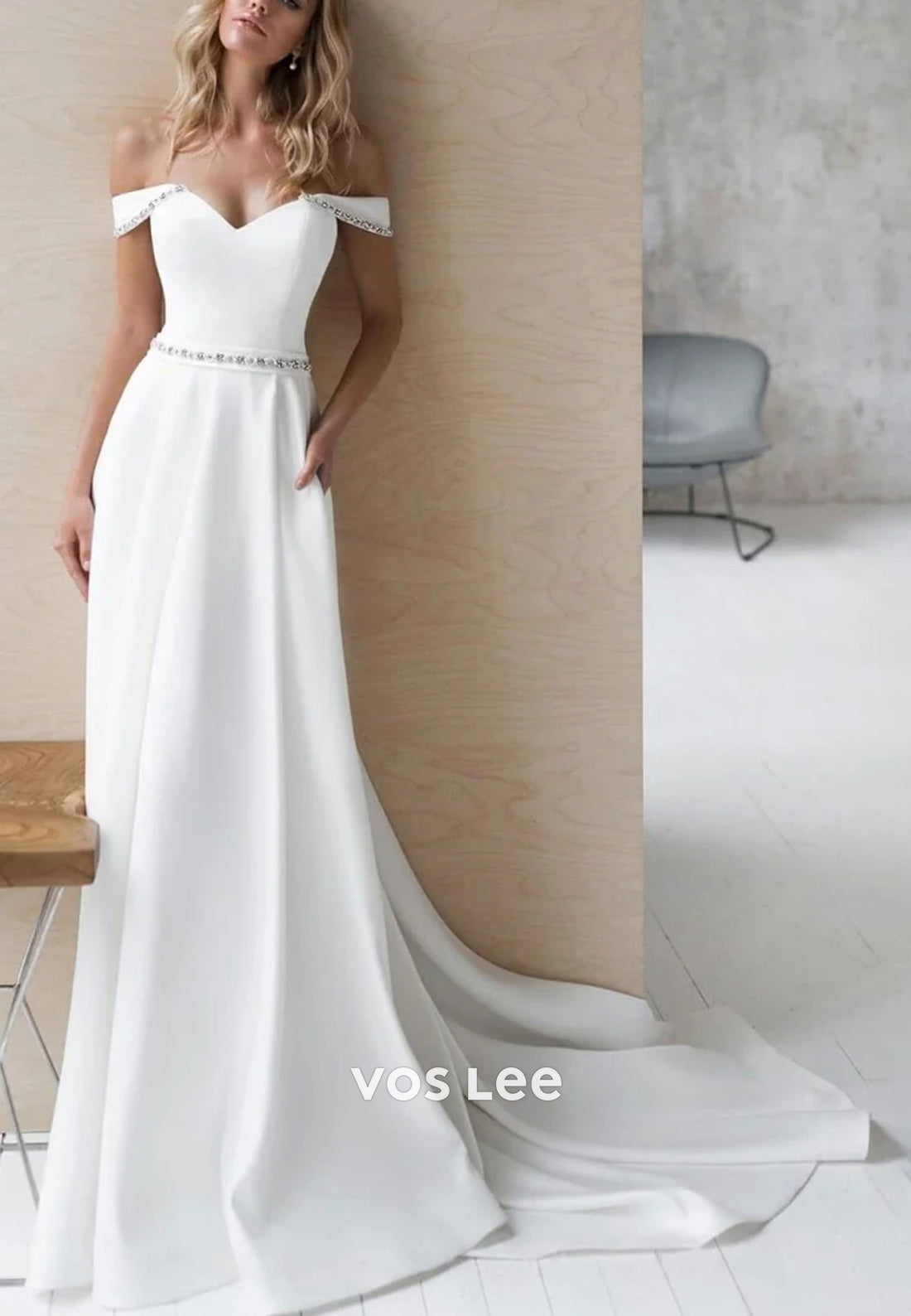 Glamorous & Dramatic A-Line Off the Shoulder Rhinestone Wedding Dresses with Pockets