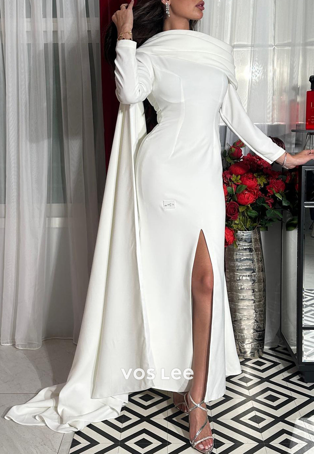Long Sleeve Asymmetrical Neck White Mermaid Evening Dresses with High Split
