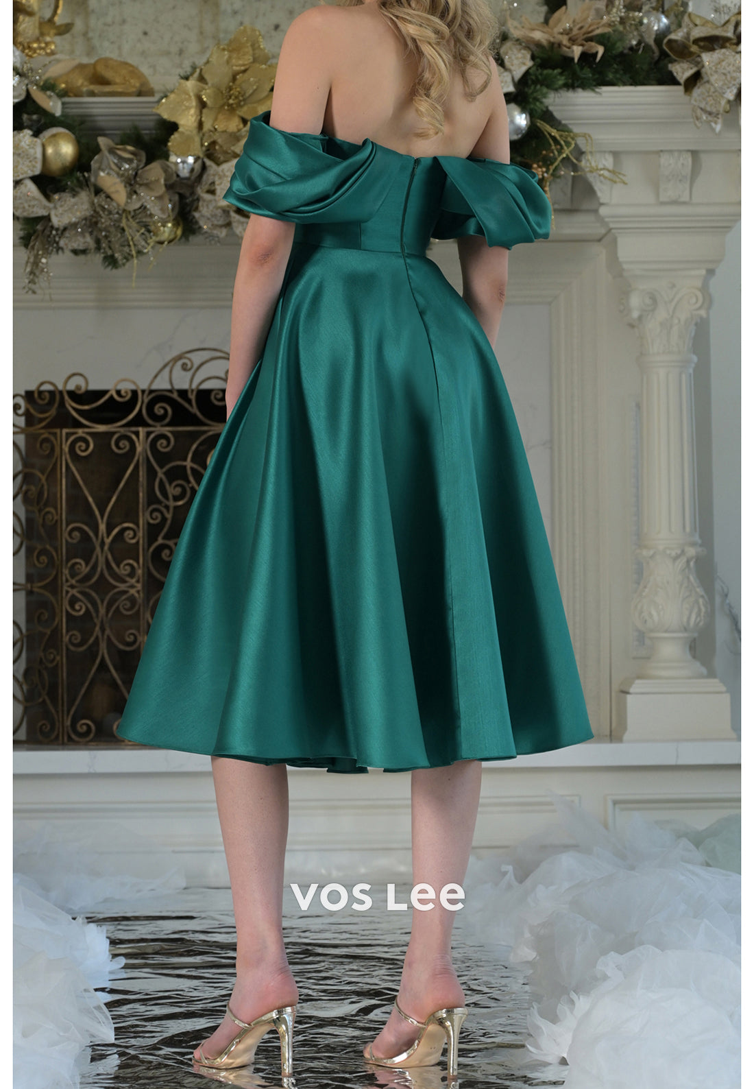 A-Line Dark Green Off the Shoulder Tea-Length Pleated Mother of Bride Dresses