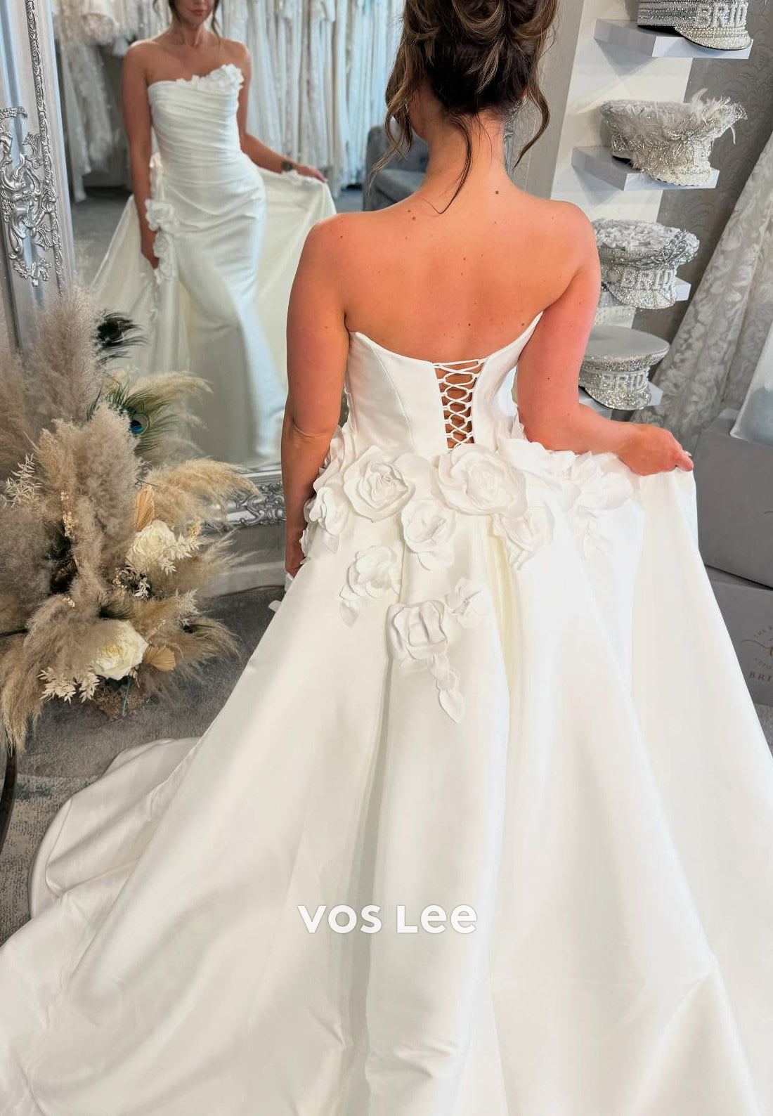 Strapless Floral Embellished Pleated Mermaid Wedding Dresses with Court Train