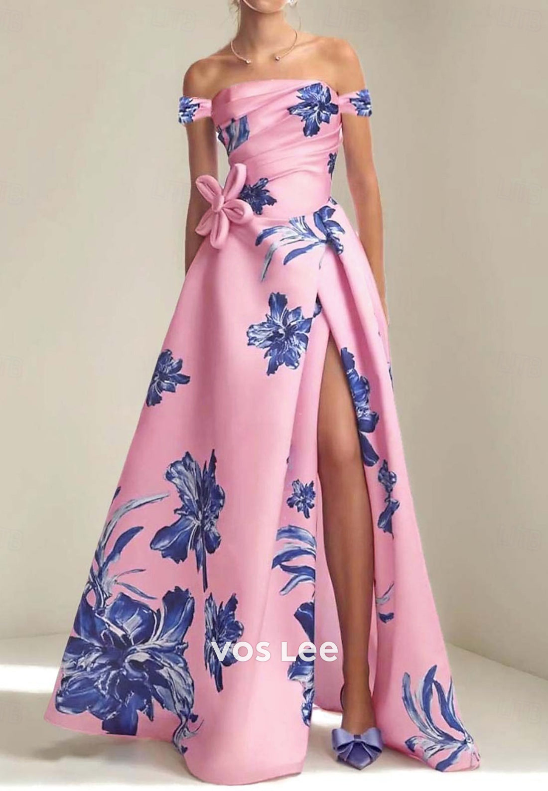 A-Line Off the Shoulder Floral Embellished Floor-Length Evening Dresses with High Split