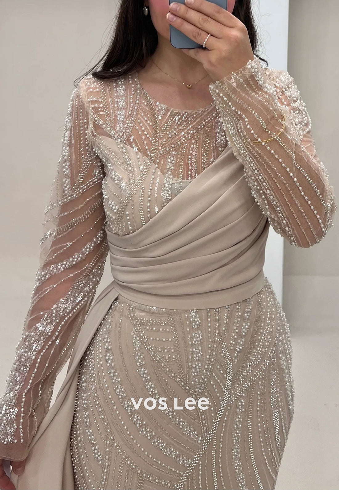 Long Sleeve Illusion Neck Fully Beading Sequins Mermaid Evening Dresses with Sweep Train