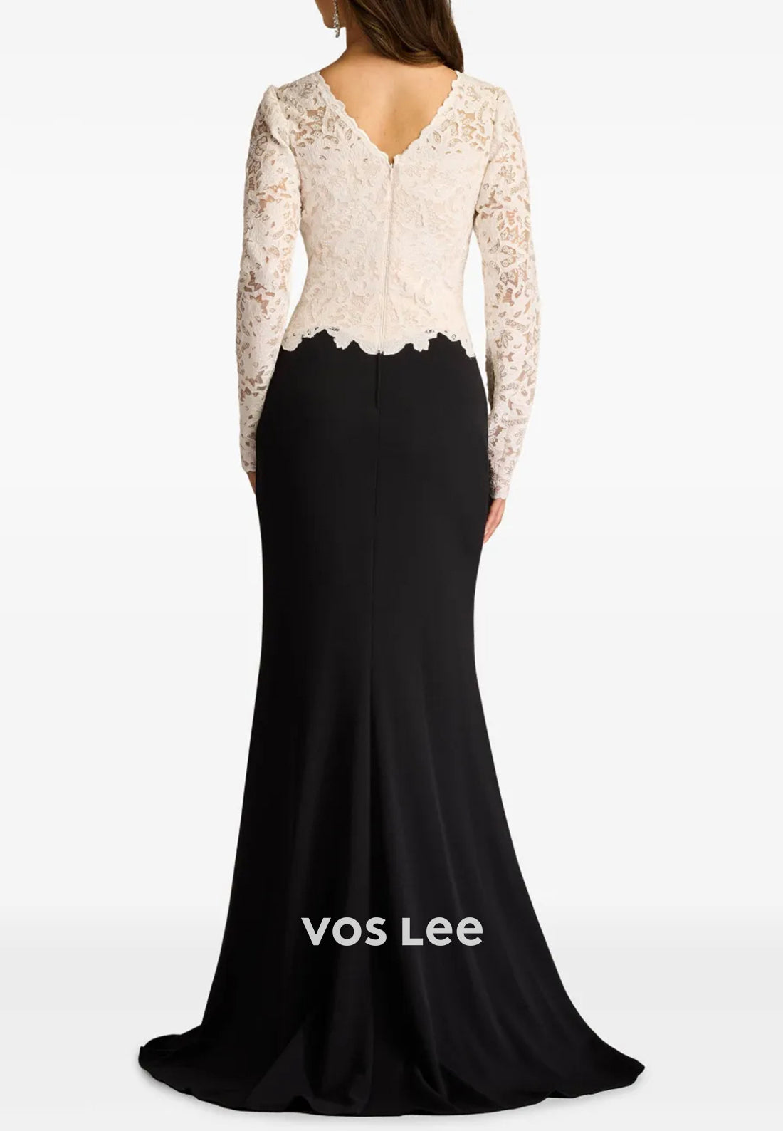 Long Sleeve Illusion Neck Appliques Lace Mermaid Evening Dresses with Sweep Train