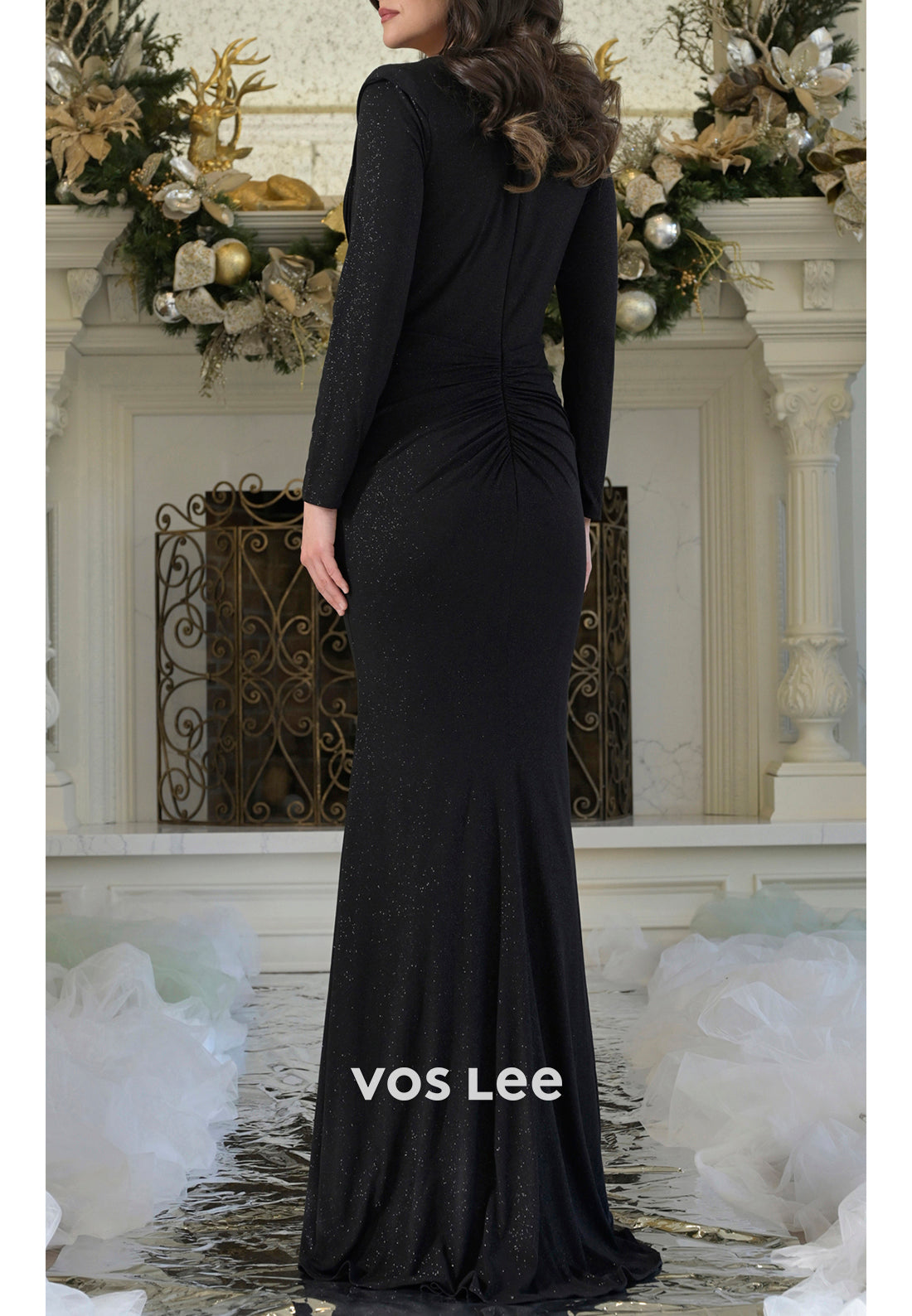 Long Sleeve V Neck Floor-Length Ruched Mermaid Mother of Bride Dresses