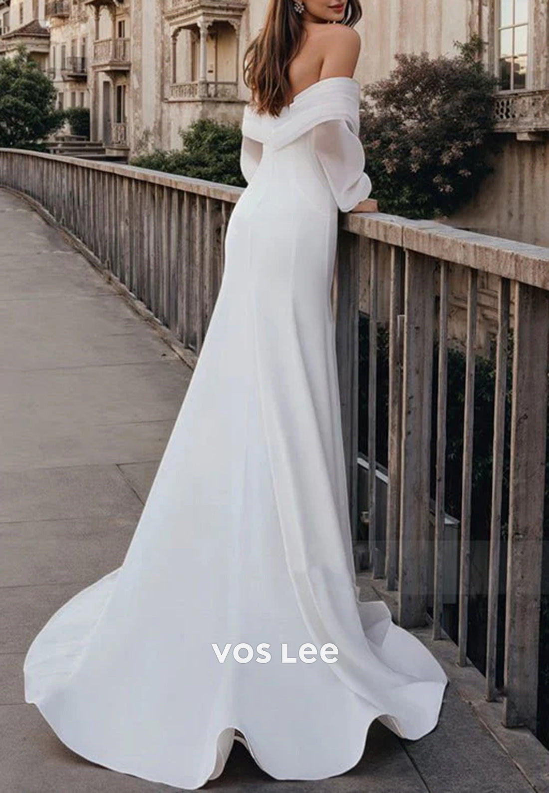 Long Sleeve Off the Shoulder Pleated Beach Mermaid Wedding Dresses with Sweep Train