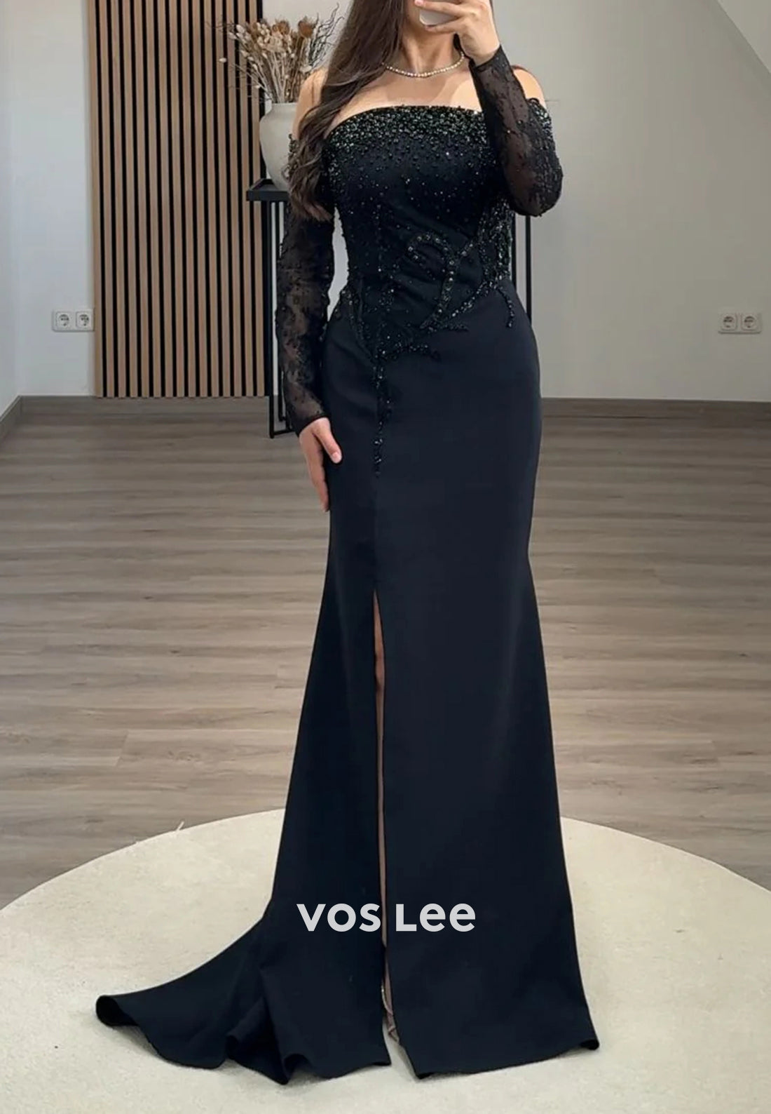 Sparkling Long Sleeve Off the Shoulder Mermaid Evening Dresses with Sweep Train