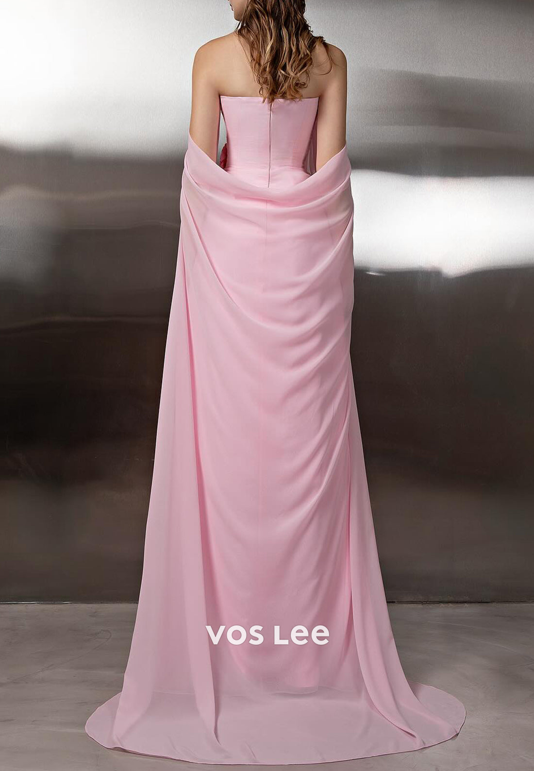 Chiffon Strapless Floral Embellished Pleated Sheath Prom Dresses