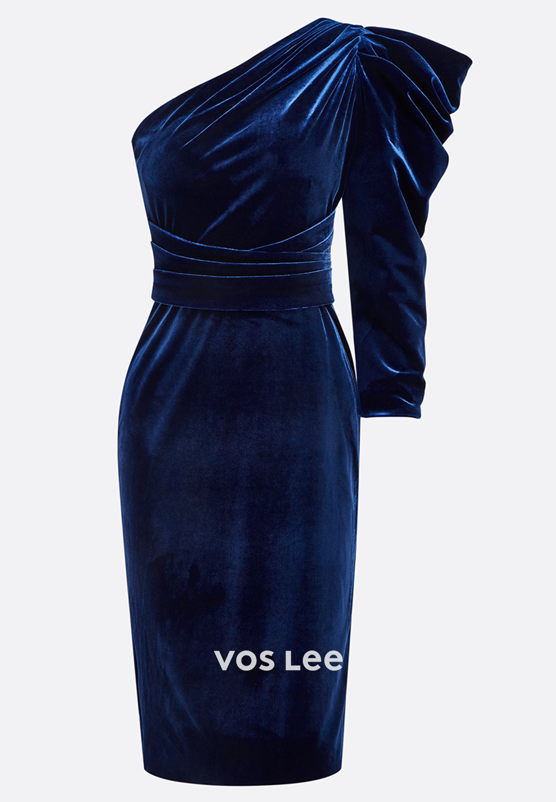 3/4 Sleeve One Shoulder Tea-Length Velvet Pleated Mermaid Wedding Guest Dresses