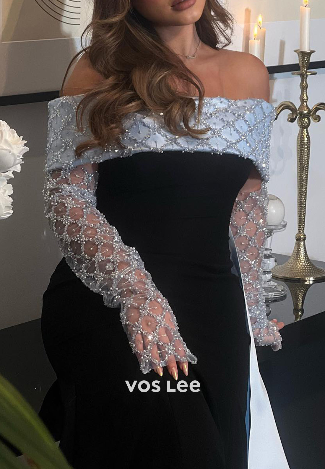 Long Sleeve Off the Shoulder Sequined Beaded Embellished Mermaid Evening Dresses