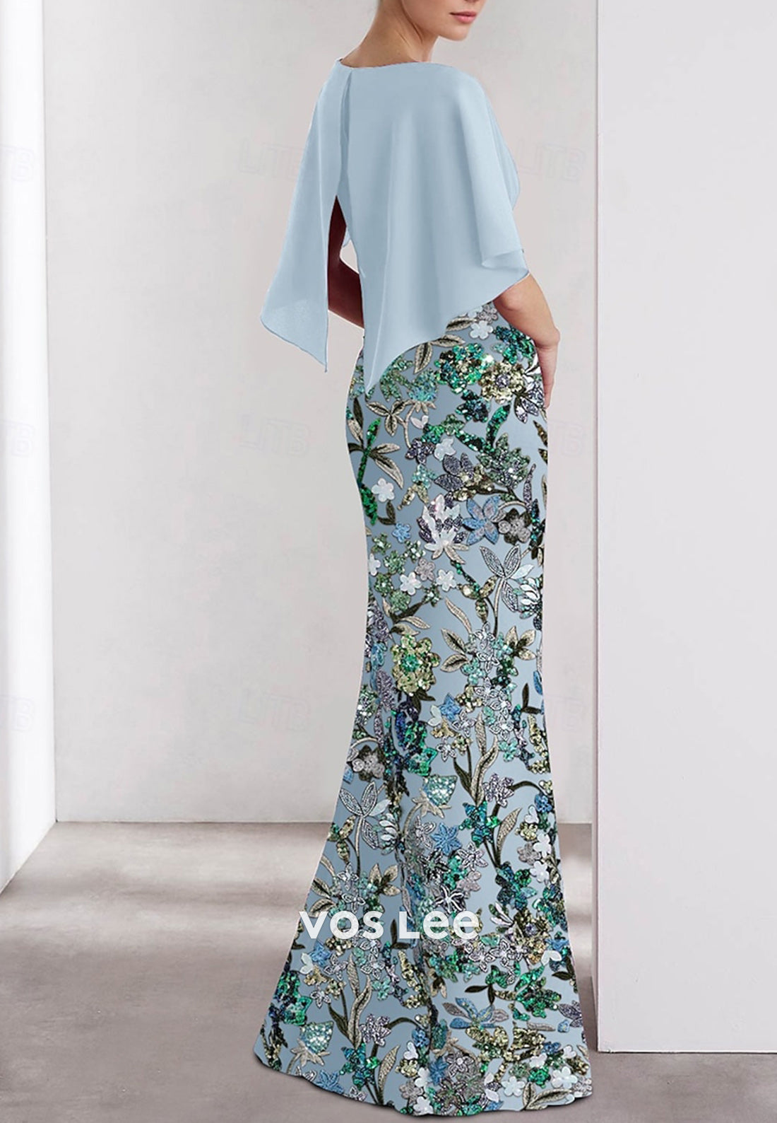 Flutter Sleeves Scoop Floor-Length Appliqued Embellished Mermaid Mother of Bride Dresses