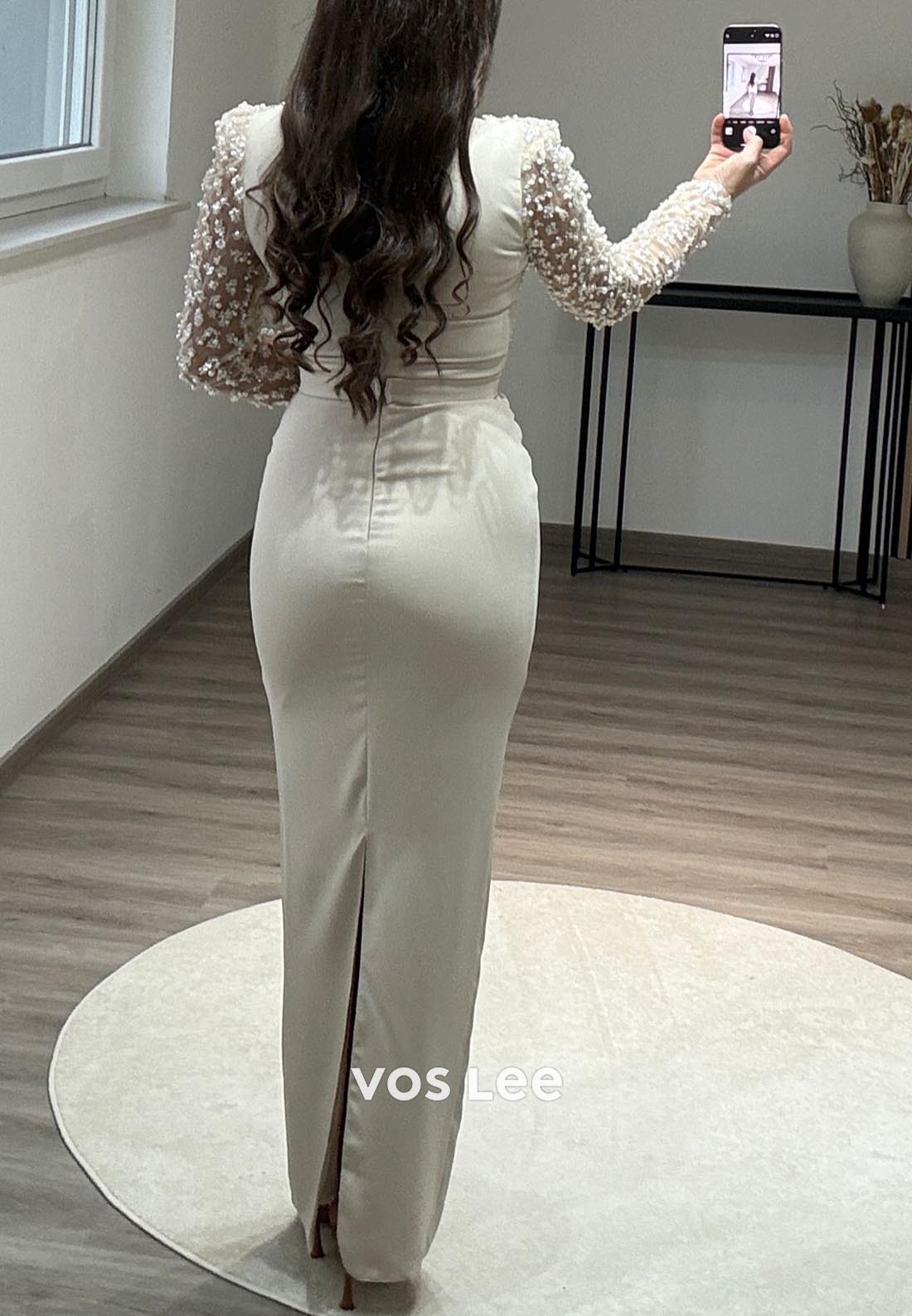 Empire Waist Long Sleeves Lace Pearl Mermaid Formal Dresses with Slit