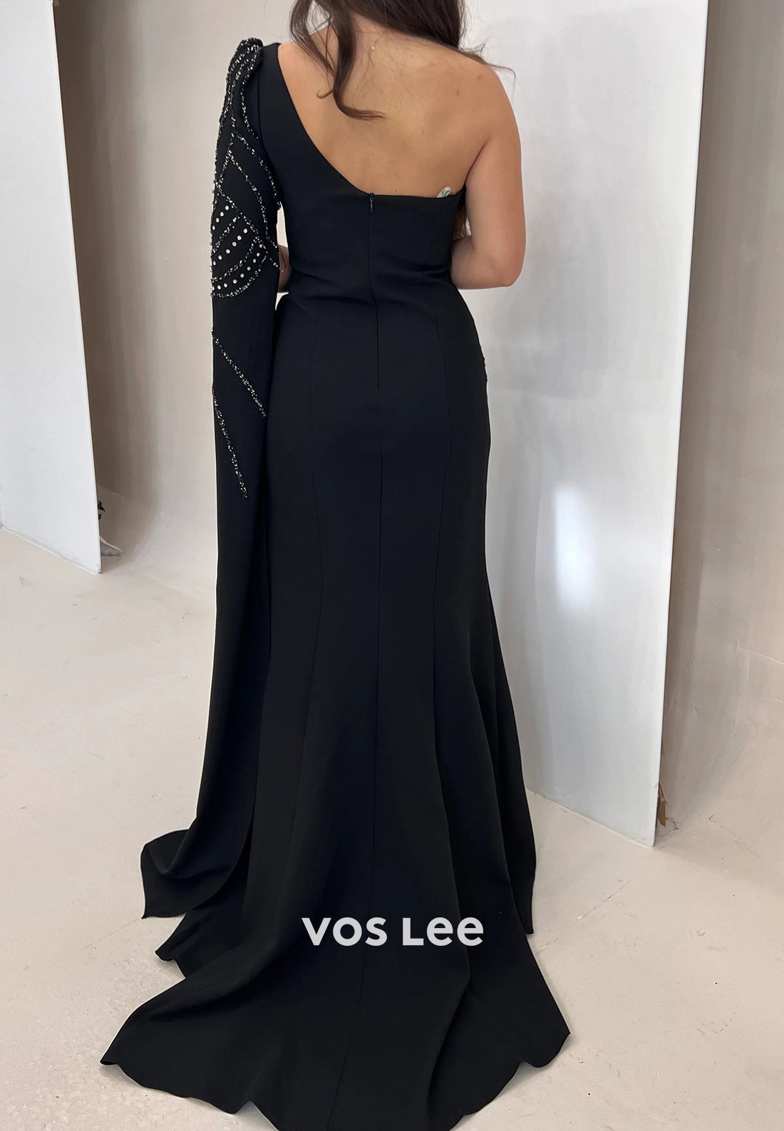 Long Sleeve One Shoulder Rhinestone Pleated Mermaid Evening Dresses with Sweep Train