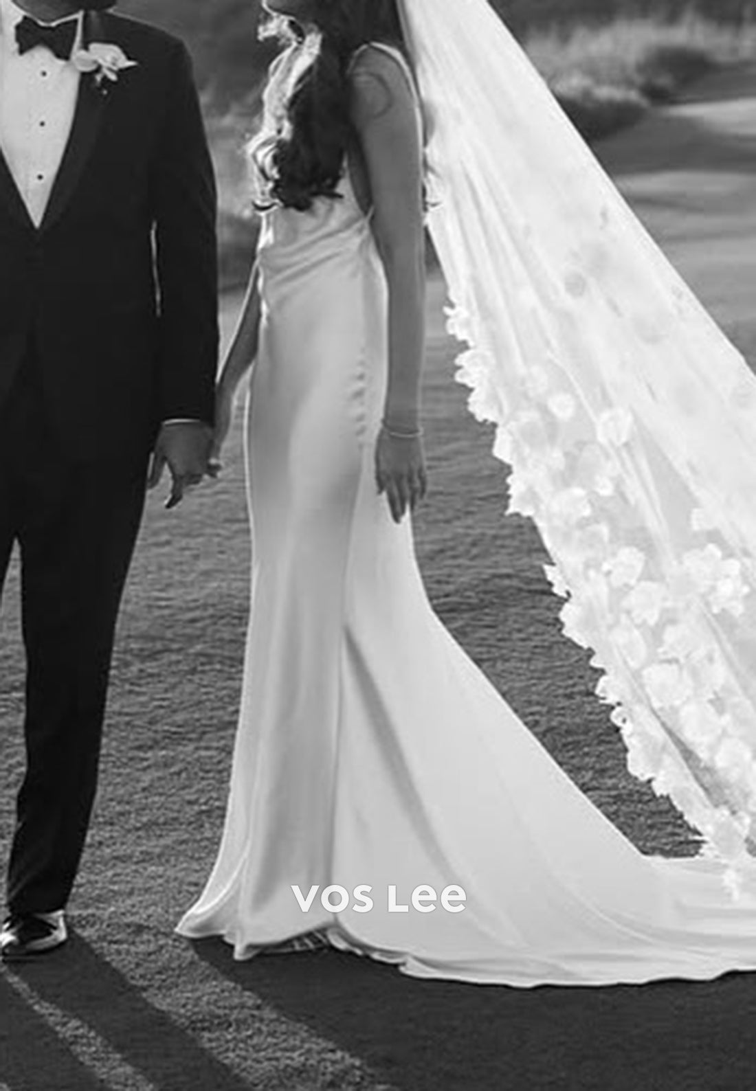 Classic V Neck Backless Satin Pleated Wedding Dresses with Sweep Train