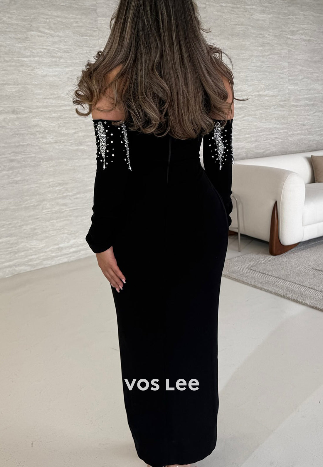 Long Sleeve Halter Rhinestone Embellished Ankle-Length Sheath Evening Dresses