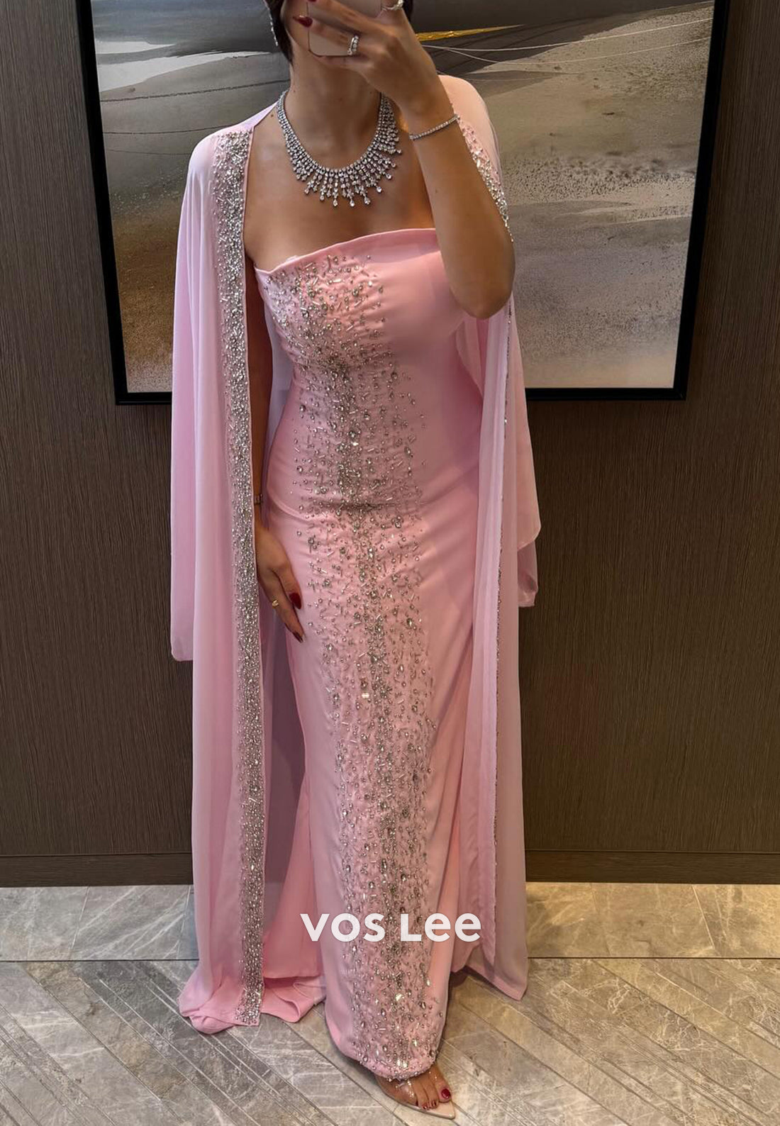 Sparkle & Shine Pink Beaded Rhinestone Floor-Length Mermaid Evening Dresses