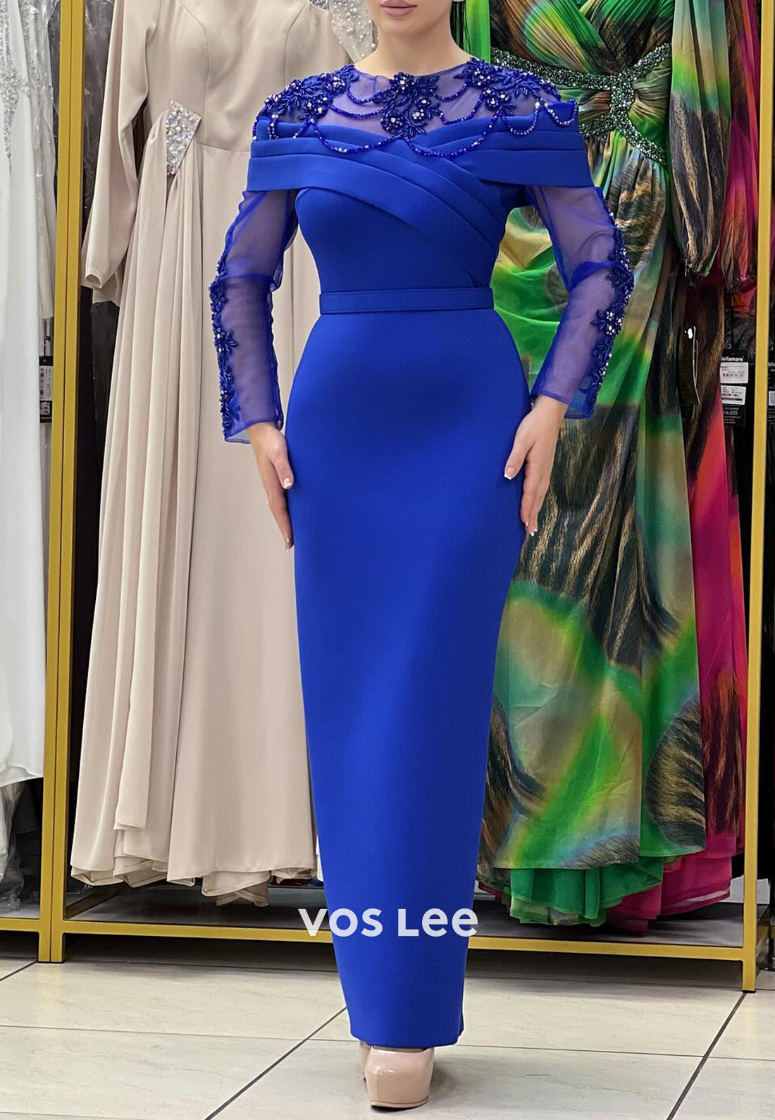 Long Sleeve Illusion Neck Beaded Embellished Ankle-Length Mermaid Evening Dresses