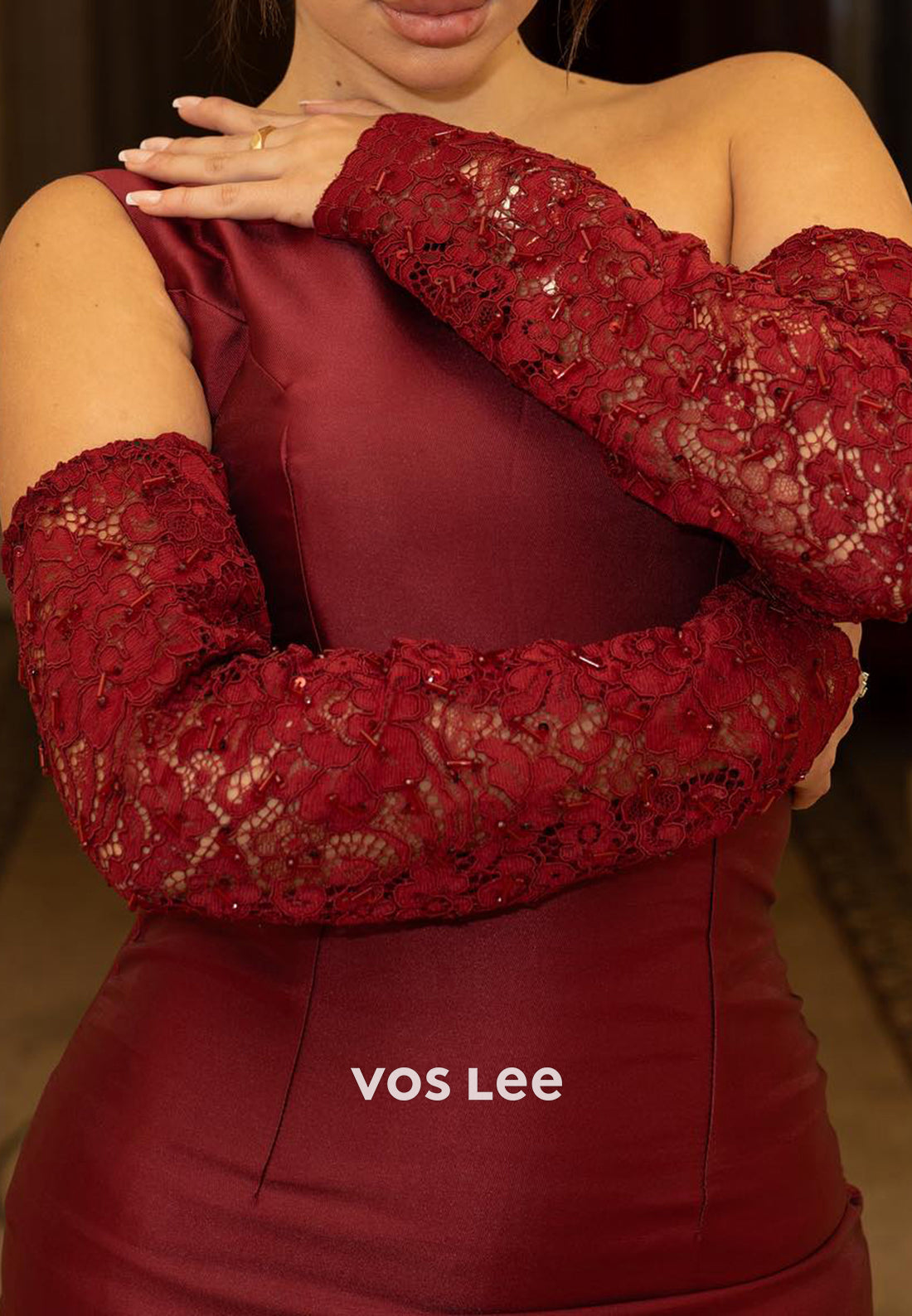 Burgundy One Shoulder Appliques Lace Long Trumpet Evening Dresses