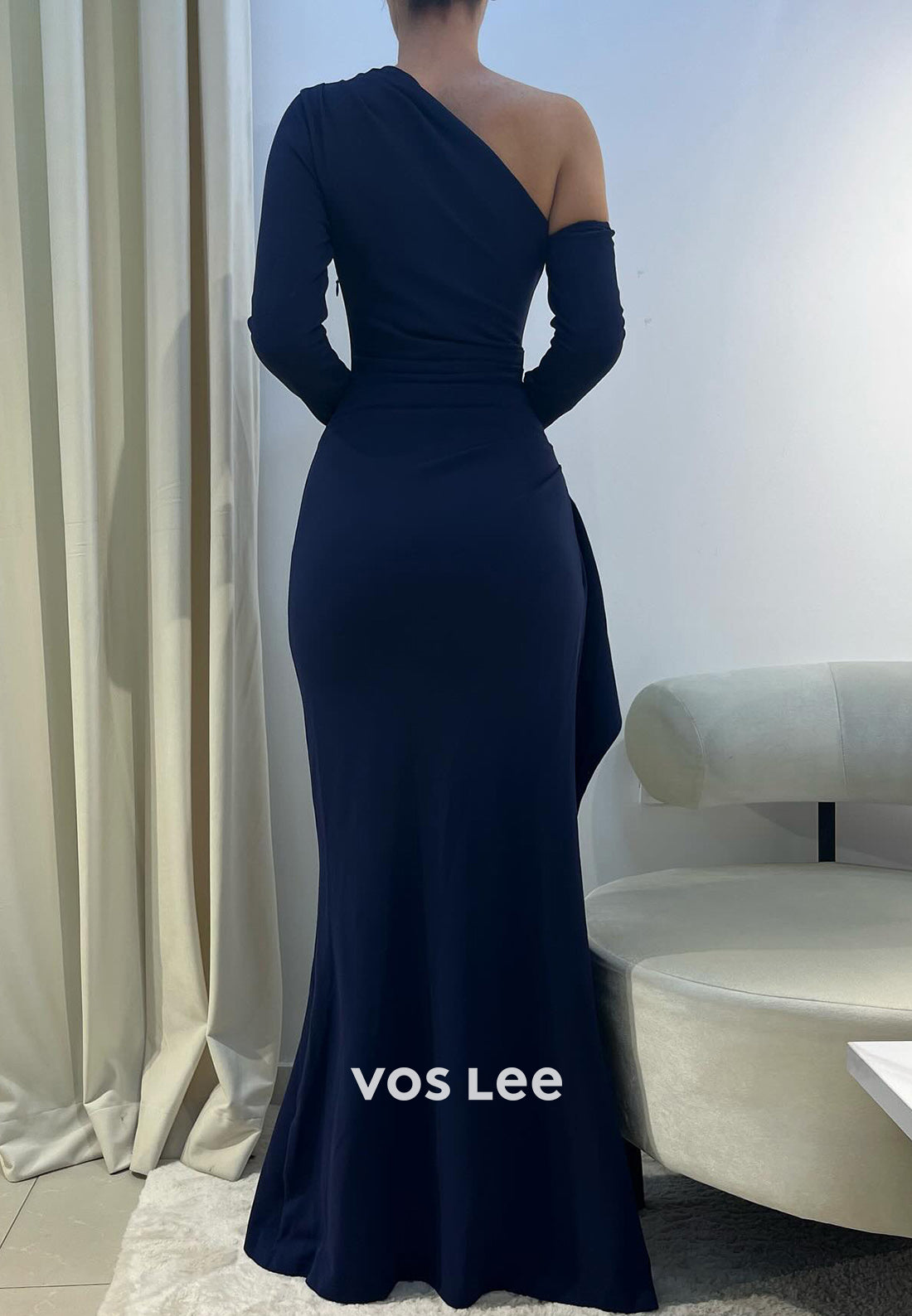 Long Sleeve One Shoulder Pleated Mermaid Long Evening Dresses with Side Split