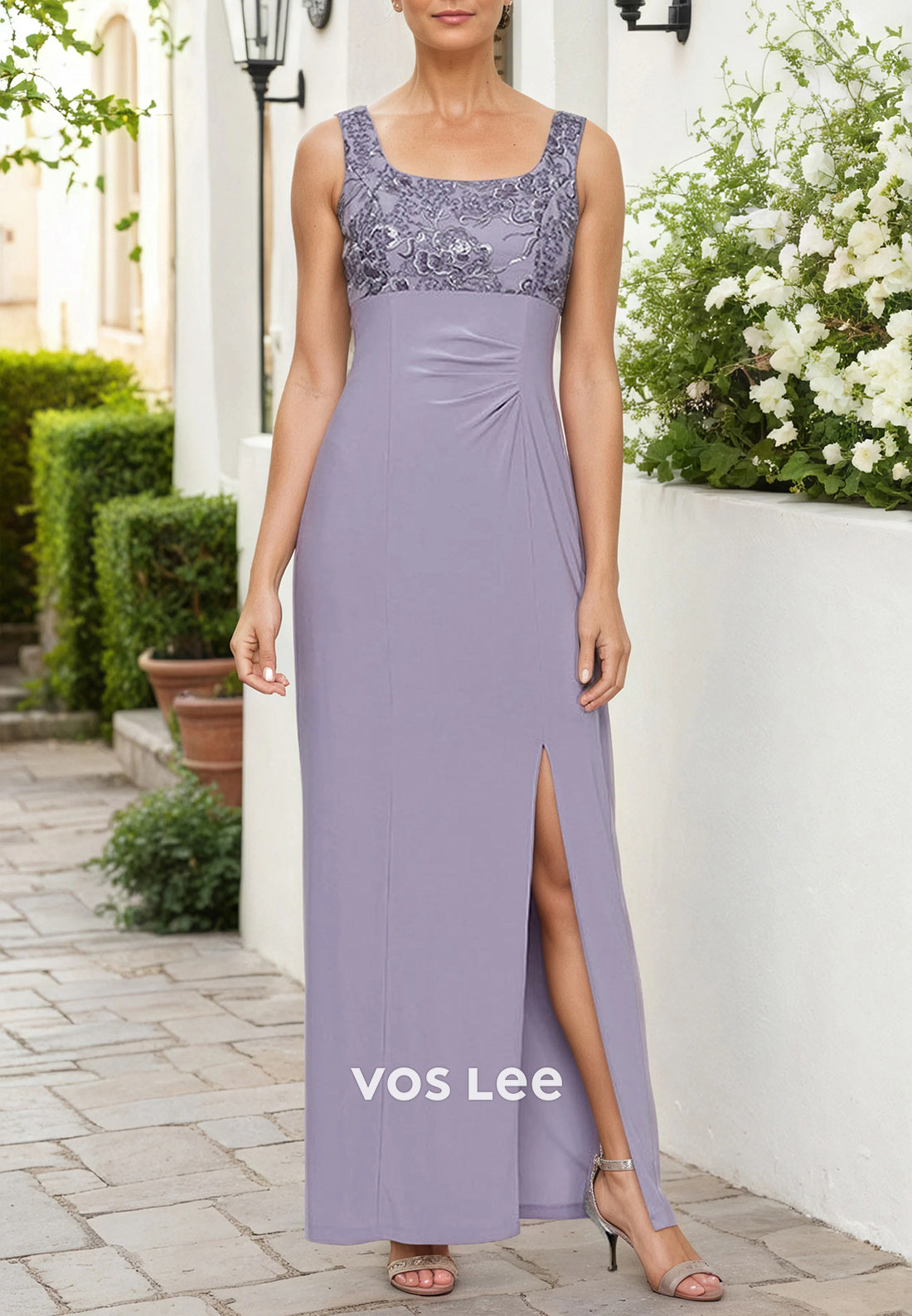 3/4 Sleeve Two Pieces Square Appliqued Lace Ankle-Length Mother of Bride Dresses