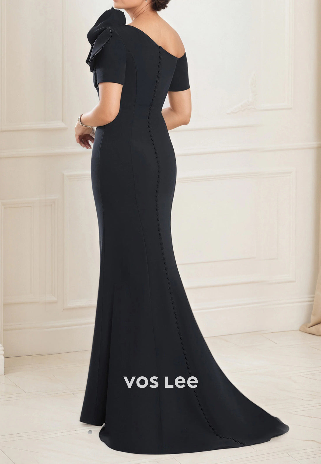 Short Sleeve One Shoulder Flowers Mermaid Mother of Bride Dresses with Sweep Train