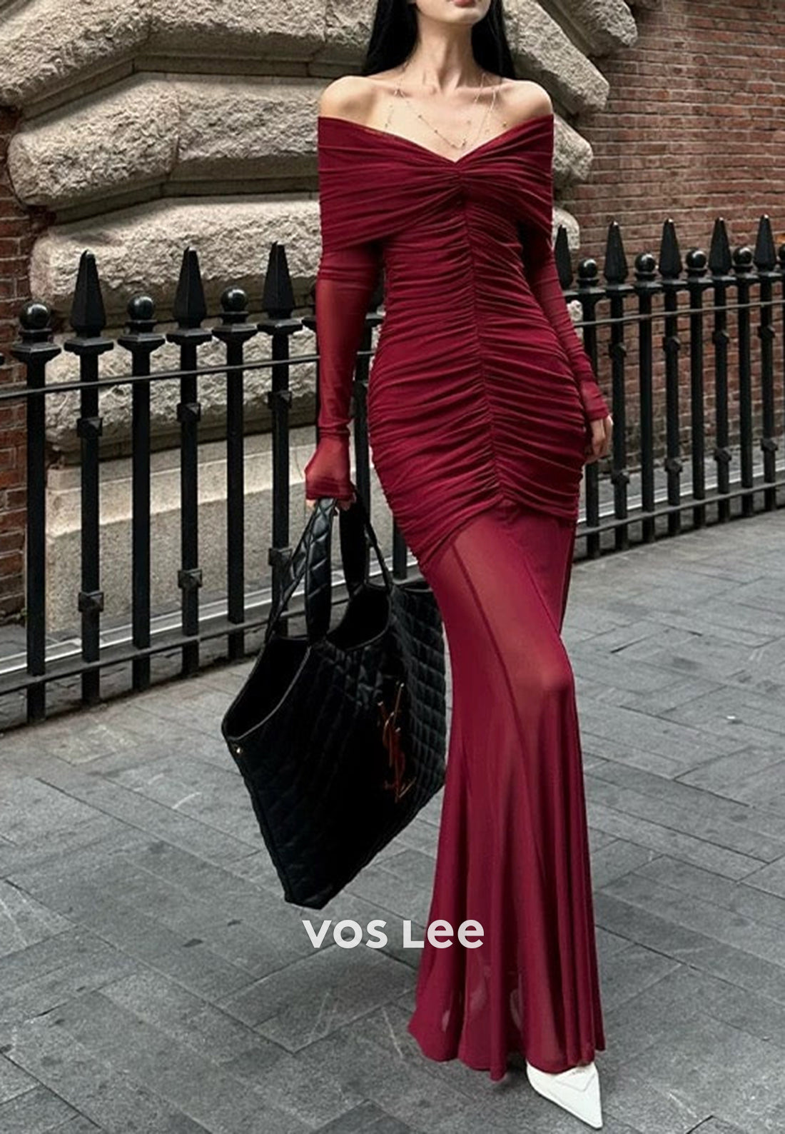 Sexy & Hot Long Sleeve Off the Shoulder Pleated Floor-Length Mermaid Evening Dresses