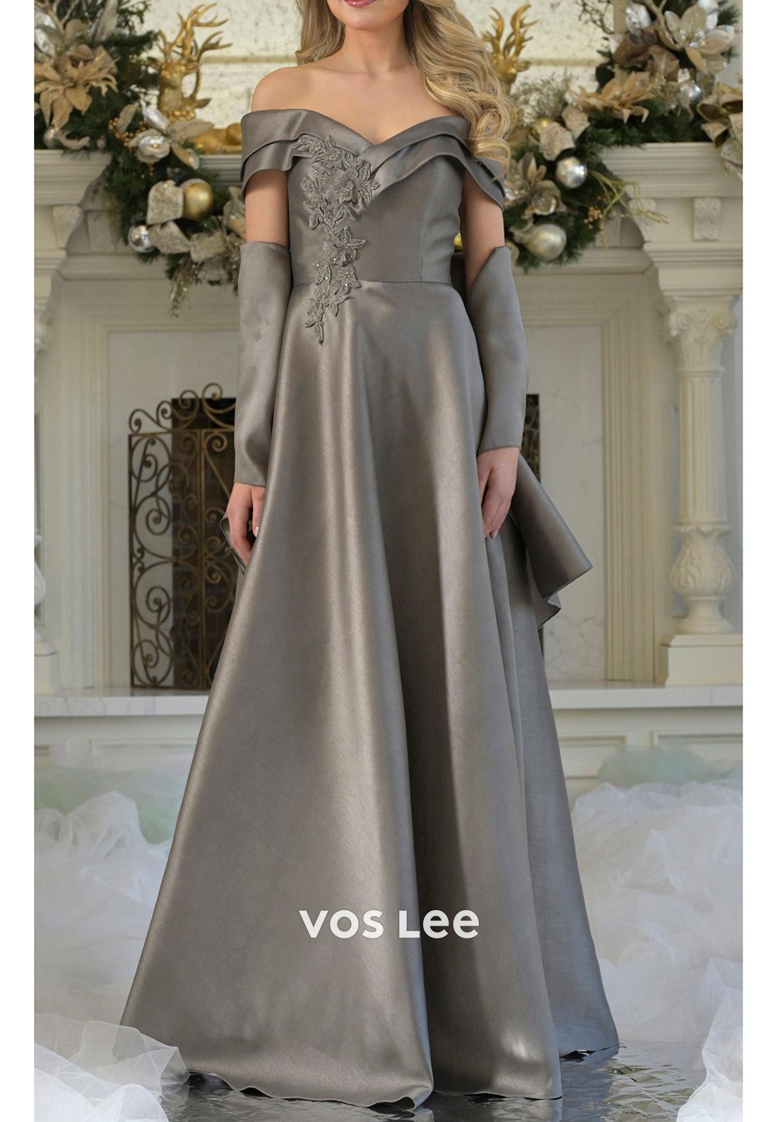 A-Line Off the Shoulder Beaded Floor-Length Mother of Bride Dresses