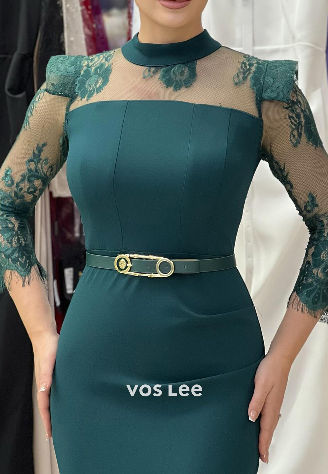 3/4 Sleeve Illusion Neck Appliqued Long Mermaid Evening Dresses with High Split