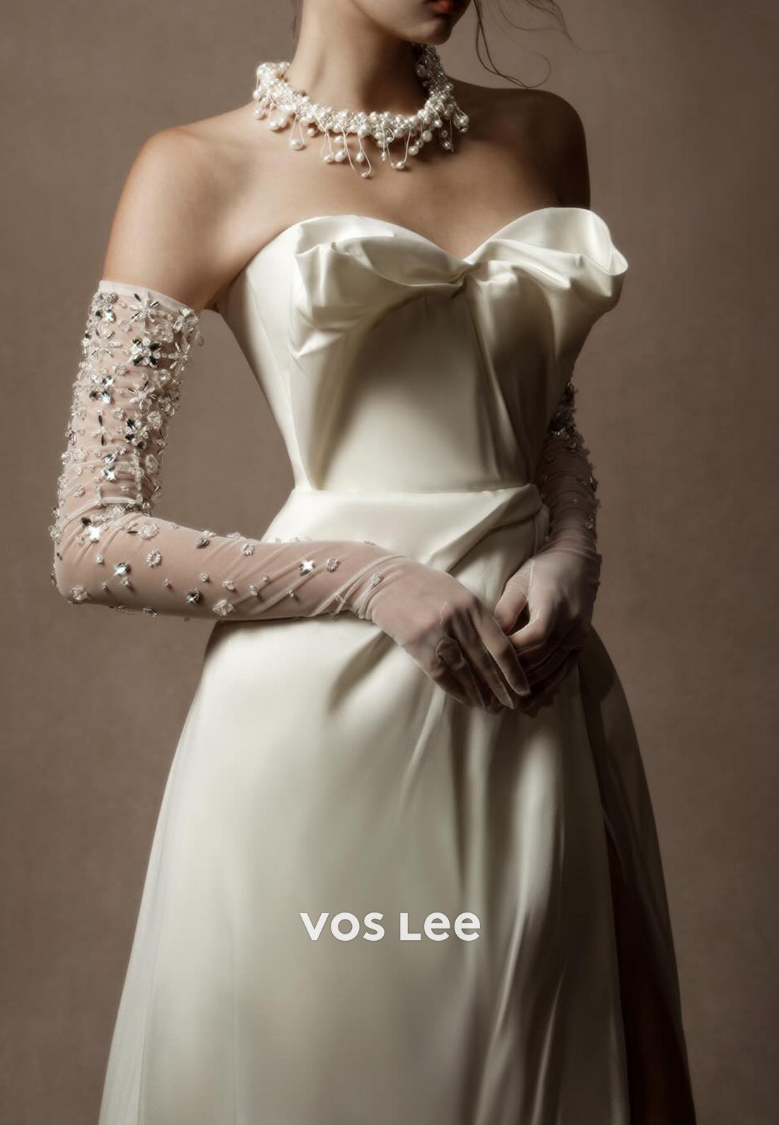A-Line Strapless Bowknot Sweetheart Pleated Wedding Dresses with High Split