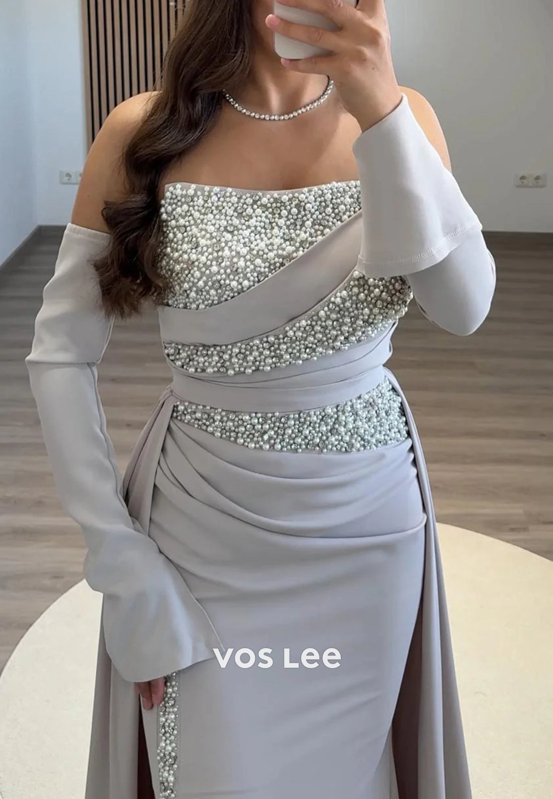 Sexy & Hot Long Sleeve Strapless Beaded Mermaid Evening Dresses with Court Train