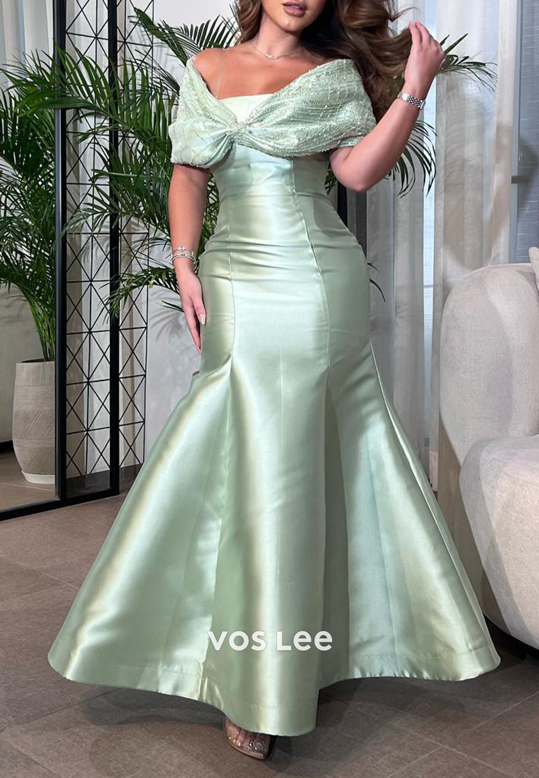 Off the Shoulder Bowknot Beading Embellished Floor-Length Trumpet Evening Dresses