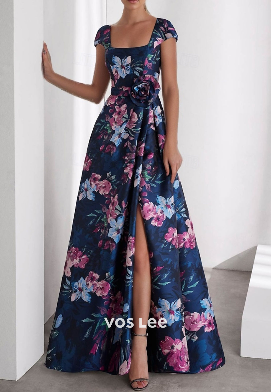 A-Line Cap Sleeves Square Pleated Floor-Length Evening Dresses with High Split
